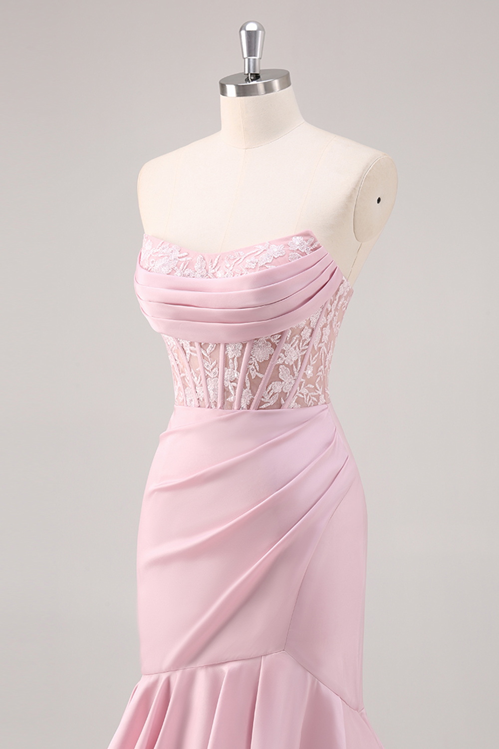 Ruffled Blush Mermaid Corset Satin Prom Dress with Slit
