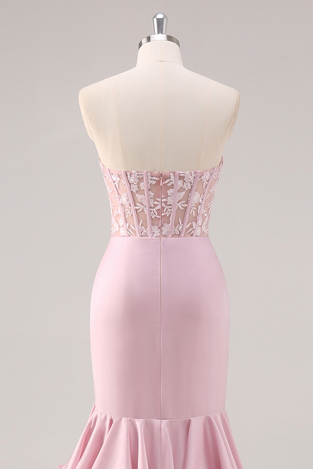 Ruffled Blush Mermaid Corset Satin Prom Dress with Slit