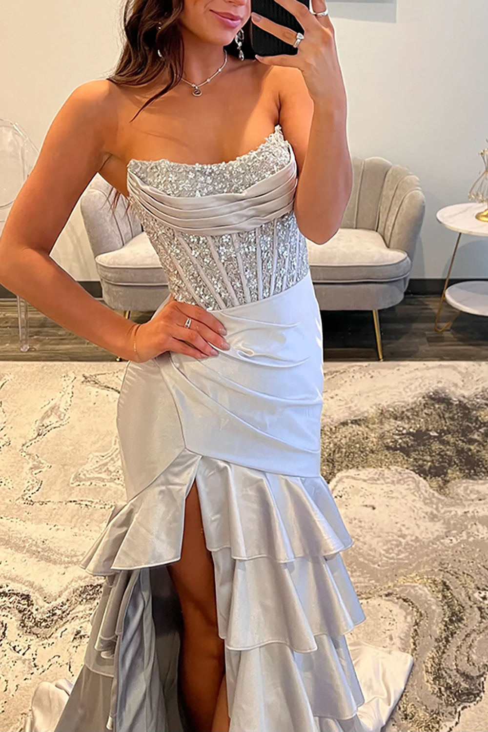 Lilac Tiered Mermaid Long Corset Prom Dress with Slit