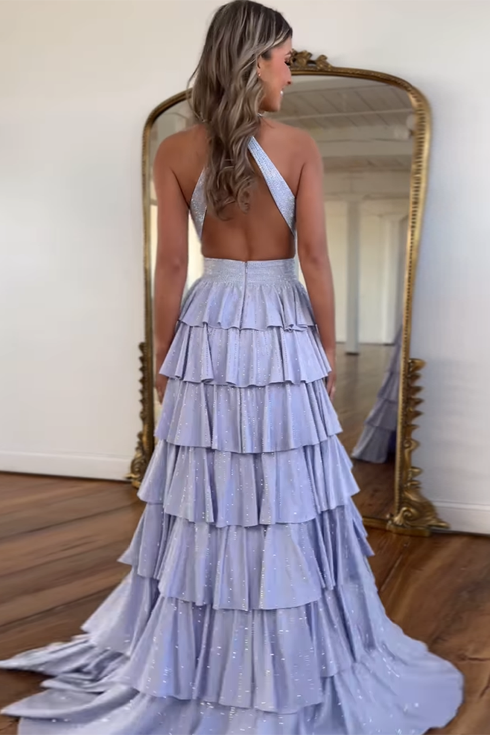 Sparkly Emerald Green Tiered A-Line Halter Long Prom Dress with Slit