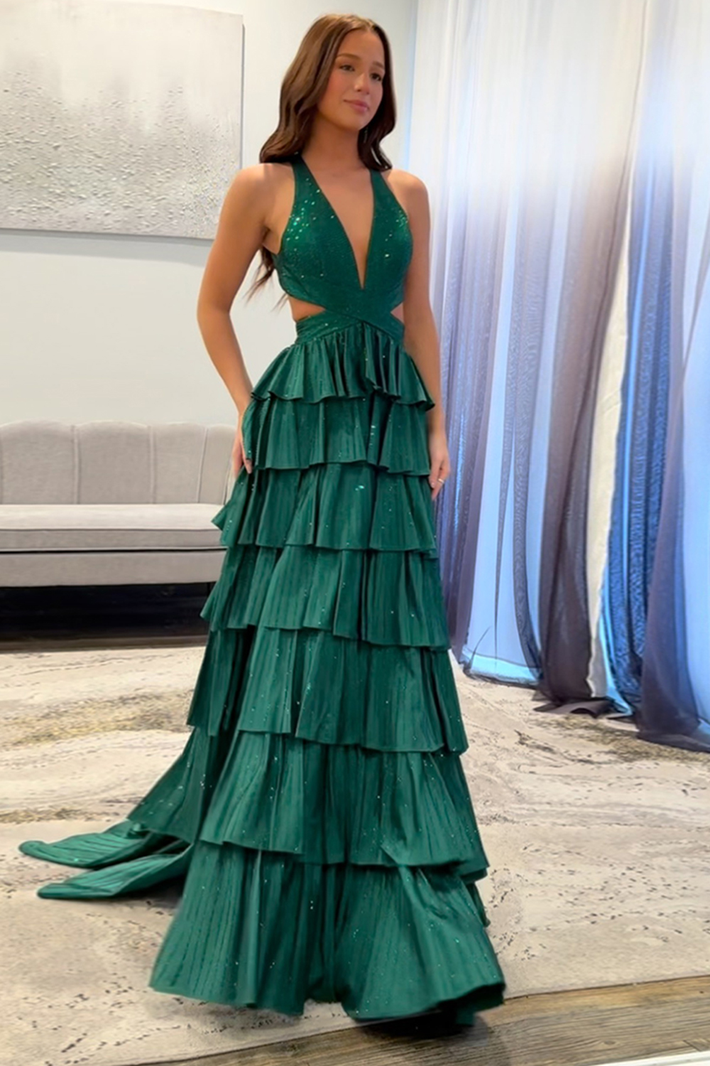 Sparkly Fuchsia Tiered A-Line Halter Long Prom Dress with Slit