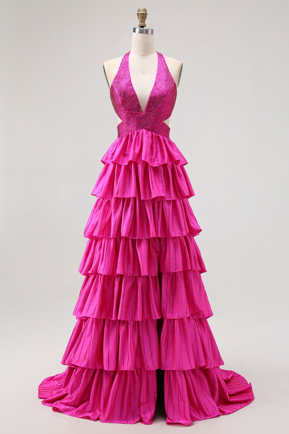 Sparkly Fuchsia Halter A-Line Ruffled Tiered Long Prom Dress with Beading