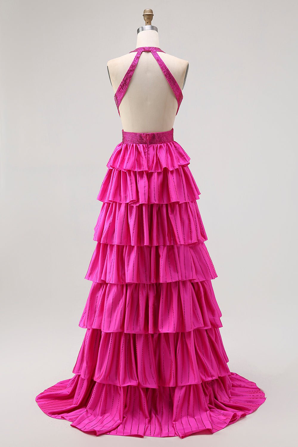 Sparkly Fuchsia Halter A-Line Ruffled Tiered Long Prom Dress with Beading