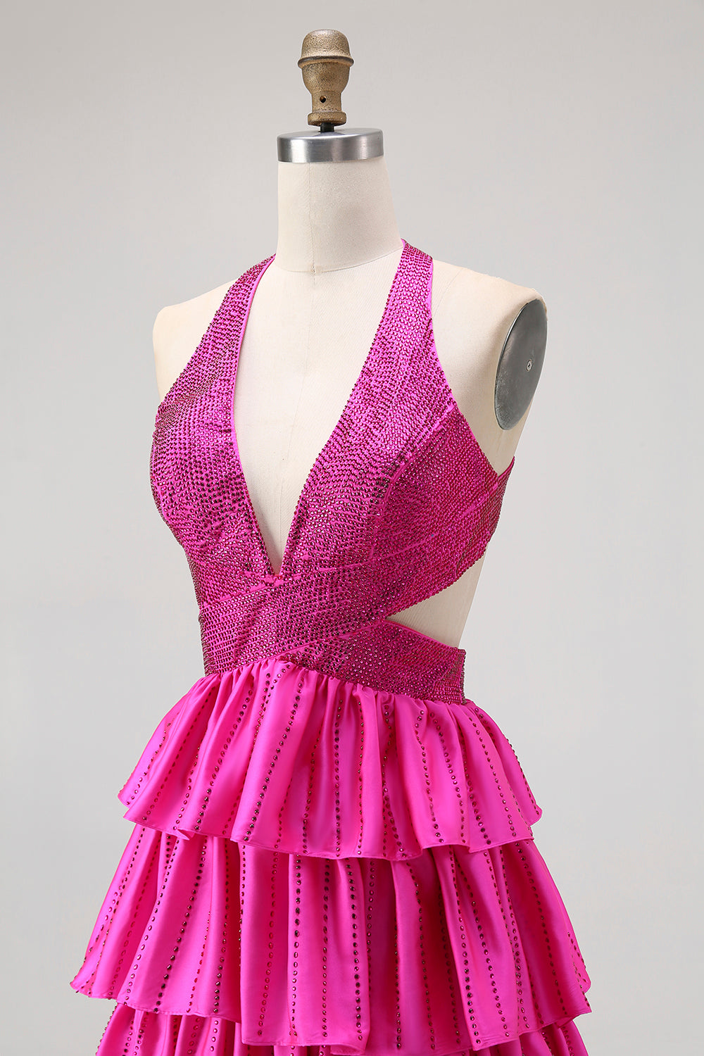 Sparkly Fuchsia Halter A-Line Ruffled Tiered Long Prom Dress with Beading