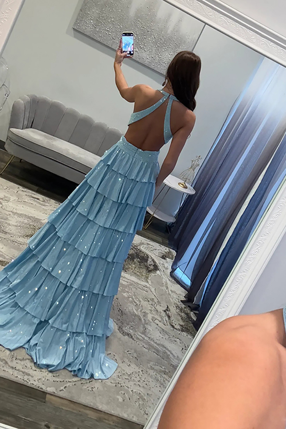 Sparkly Emerald Green Tiered A-Line Halter Long Prom Dress with Slit