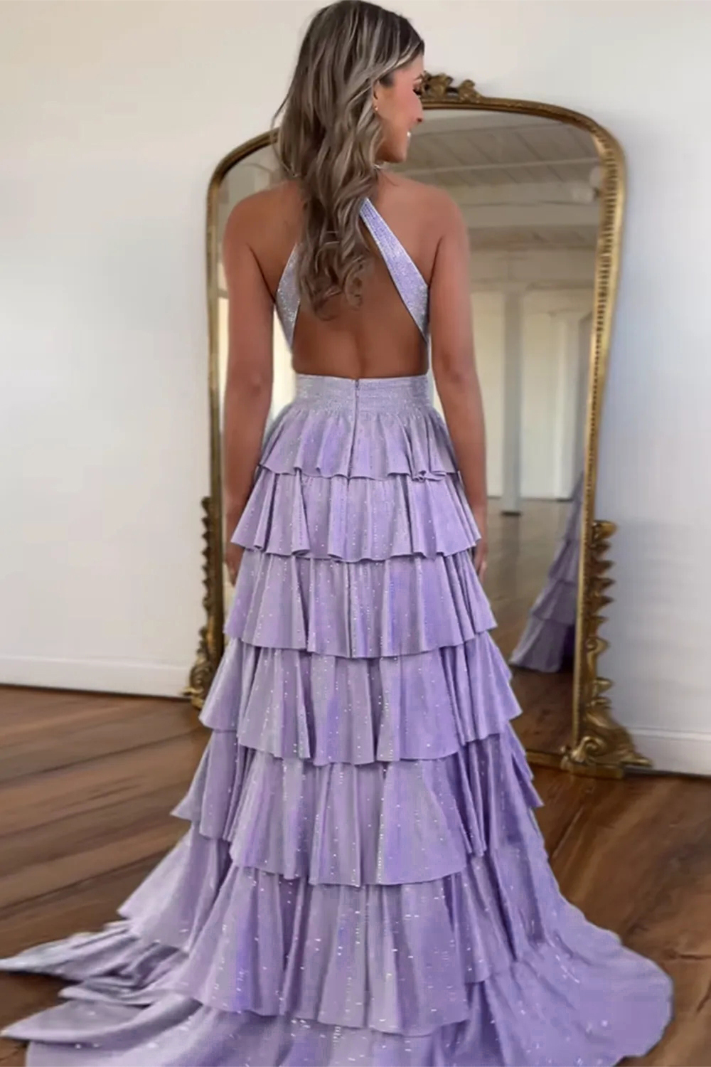 A-Line Sparkly Lilac Tiered Halter Long Prom Dress with Slit