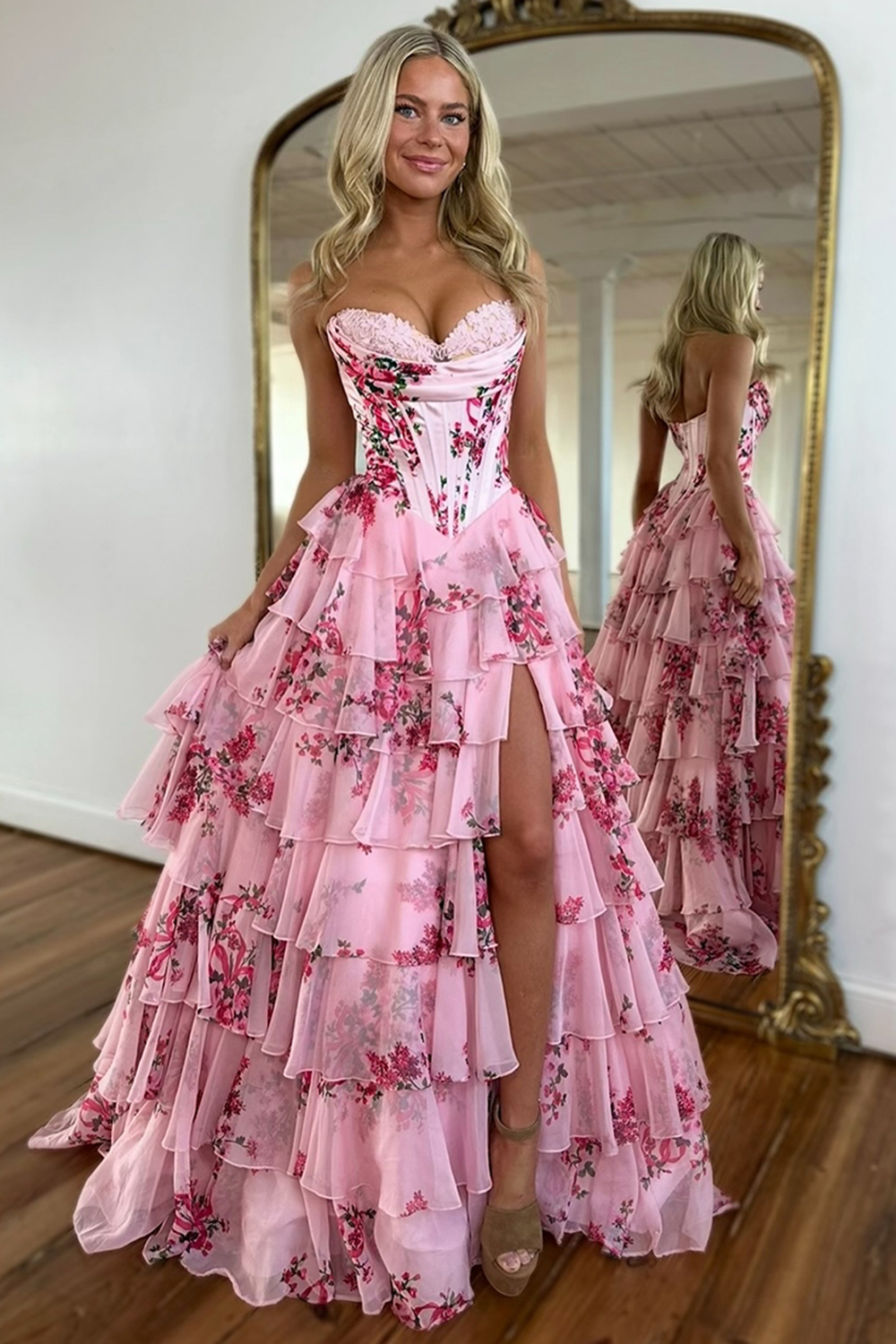 Blush Flower Tiered Sweetheart Corset Long Prom Dress
