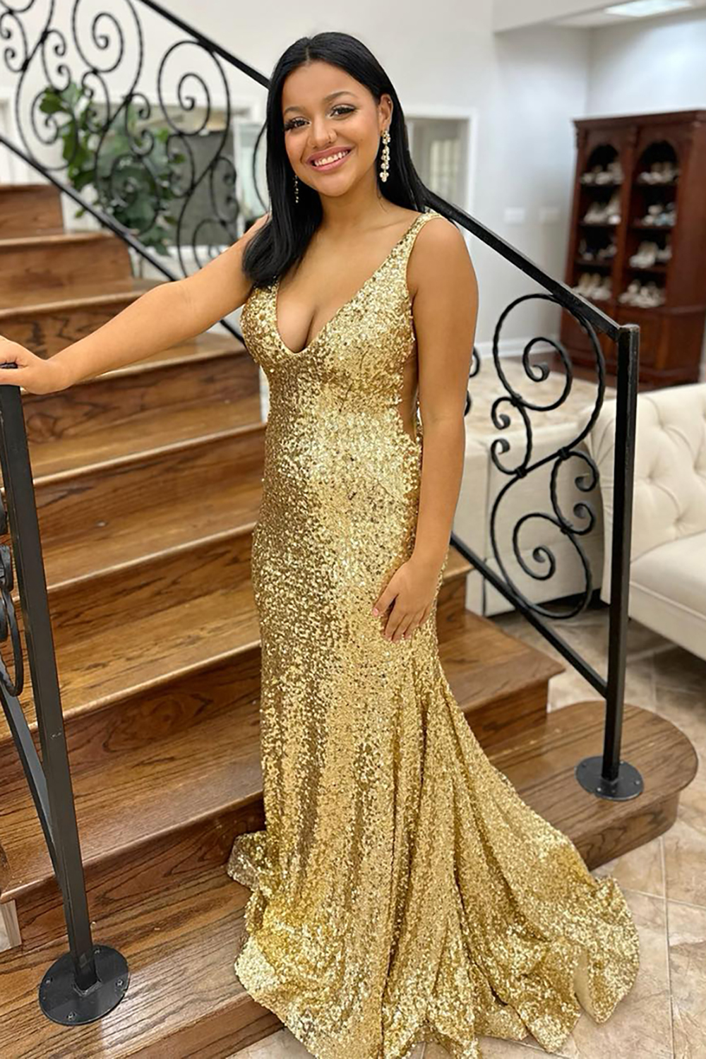 Sparkly Gold Mermaid V-Neck Long Prom Dress