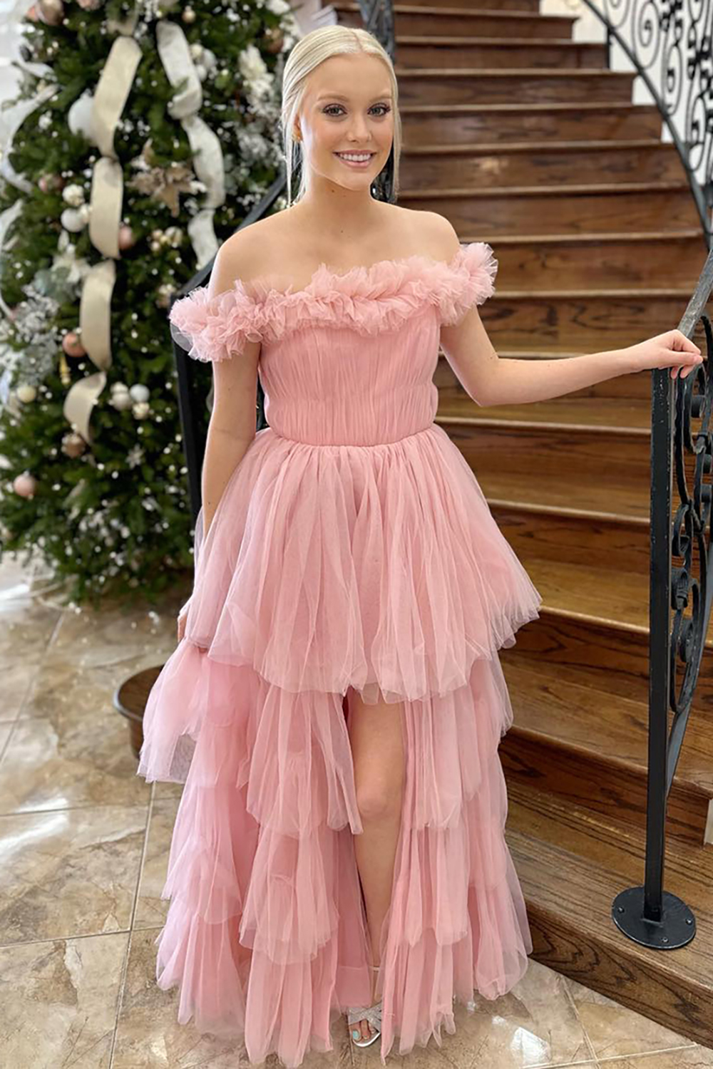 Pink Tulle Ruffled Off The Shoulder Prom Dress with Slit