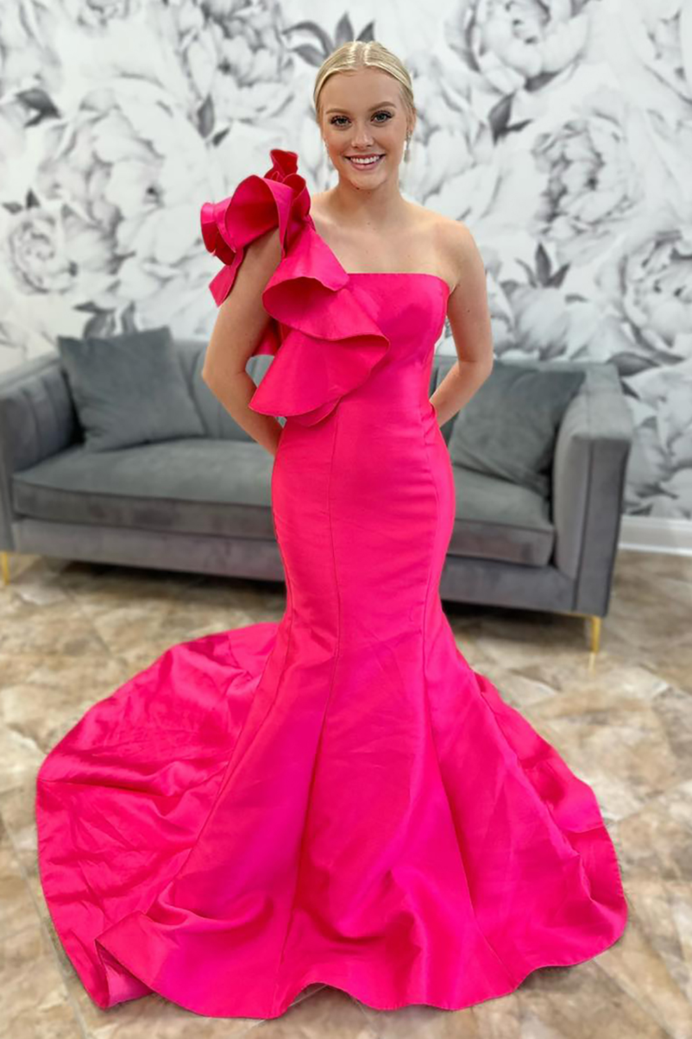 Mermaid Fuchsia One Shoulder Ruffled Long Prom Dress