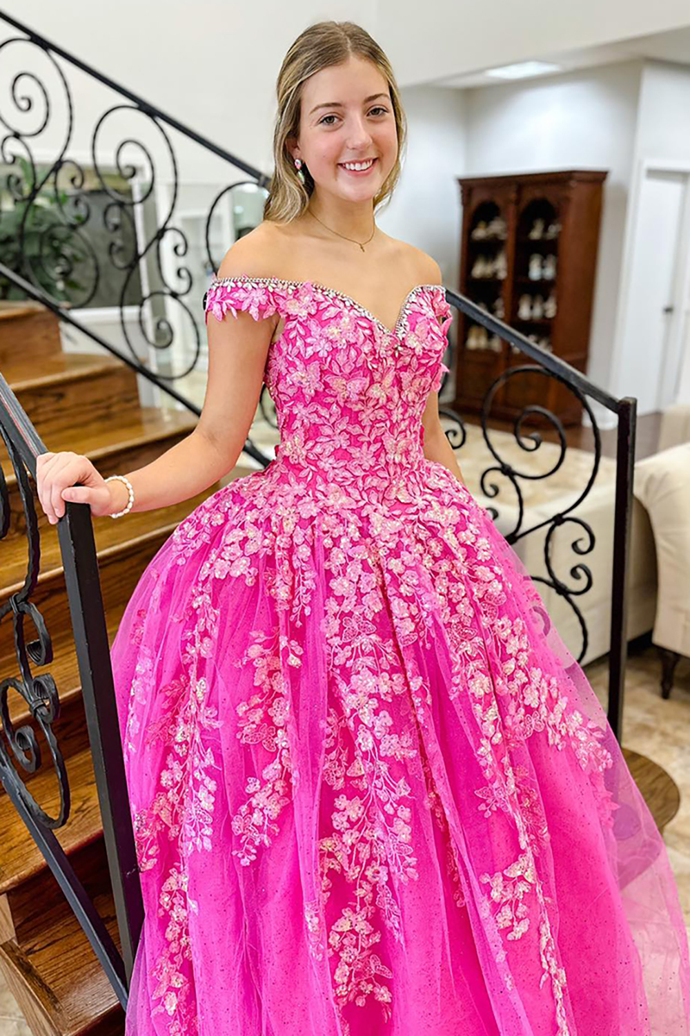 Sparkly Hot Pink Off The Shoulder A-Line Long Prom Dress with Lace