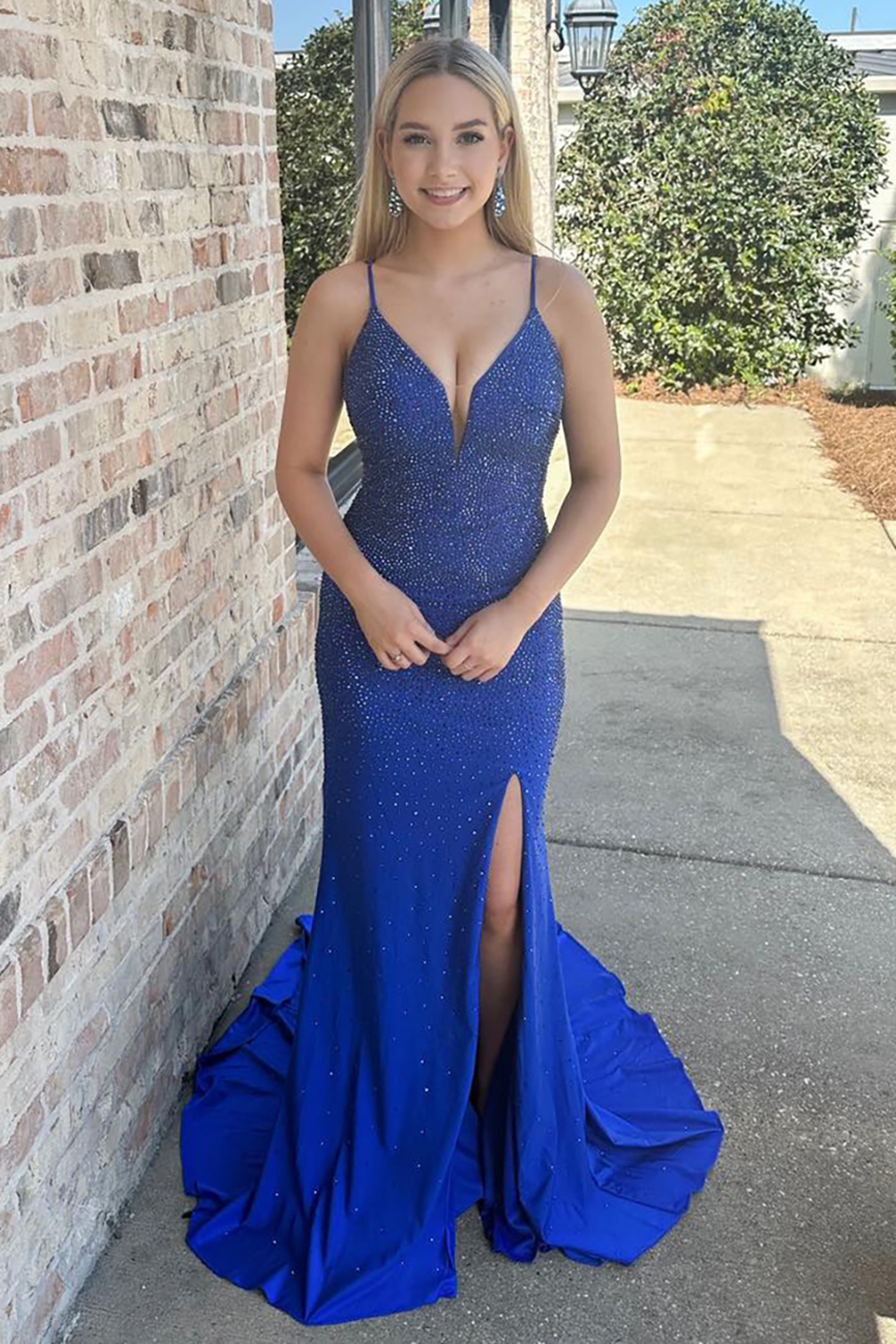 Sparkly Royal Blue Spaghetti Straps Long Prom Dress with Slit