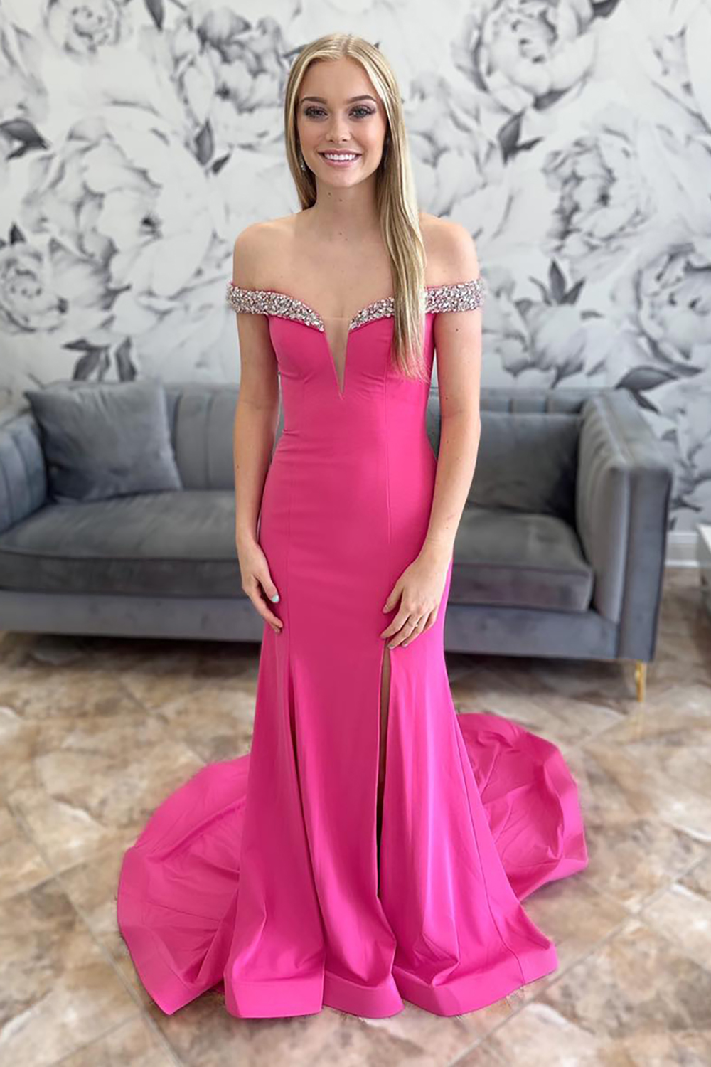 Sparkly Off The Shoulder Fuchsia Long Prom Dress with Slit