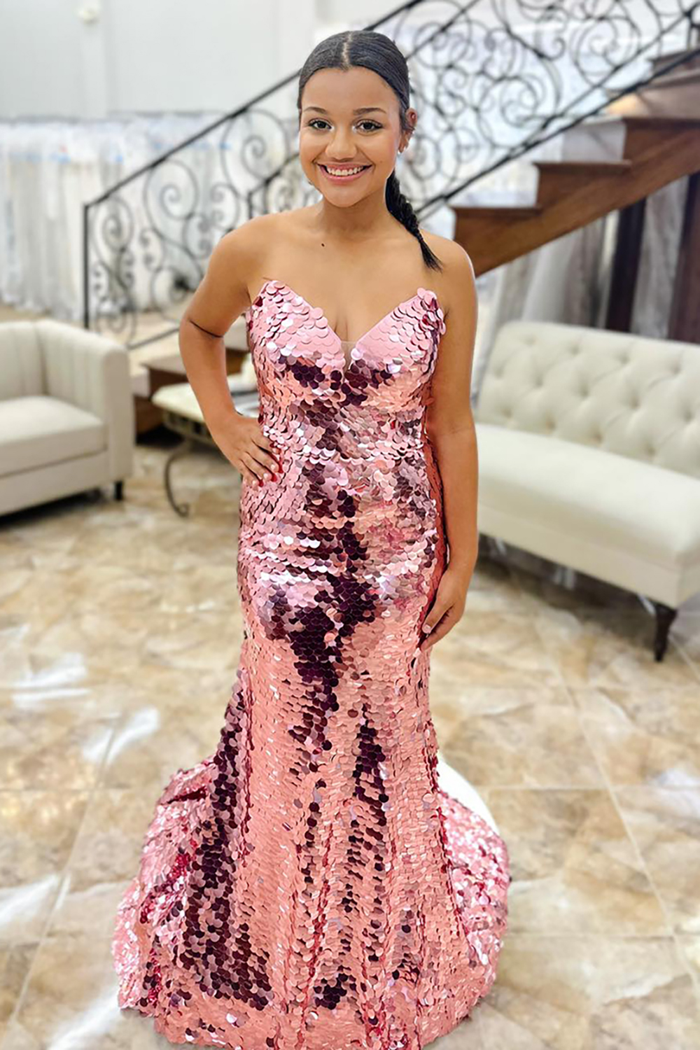 Sparkly Mirror Rose Gold Sweetheart Long Prom Dress