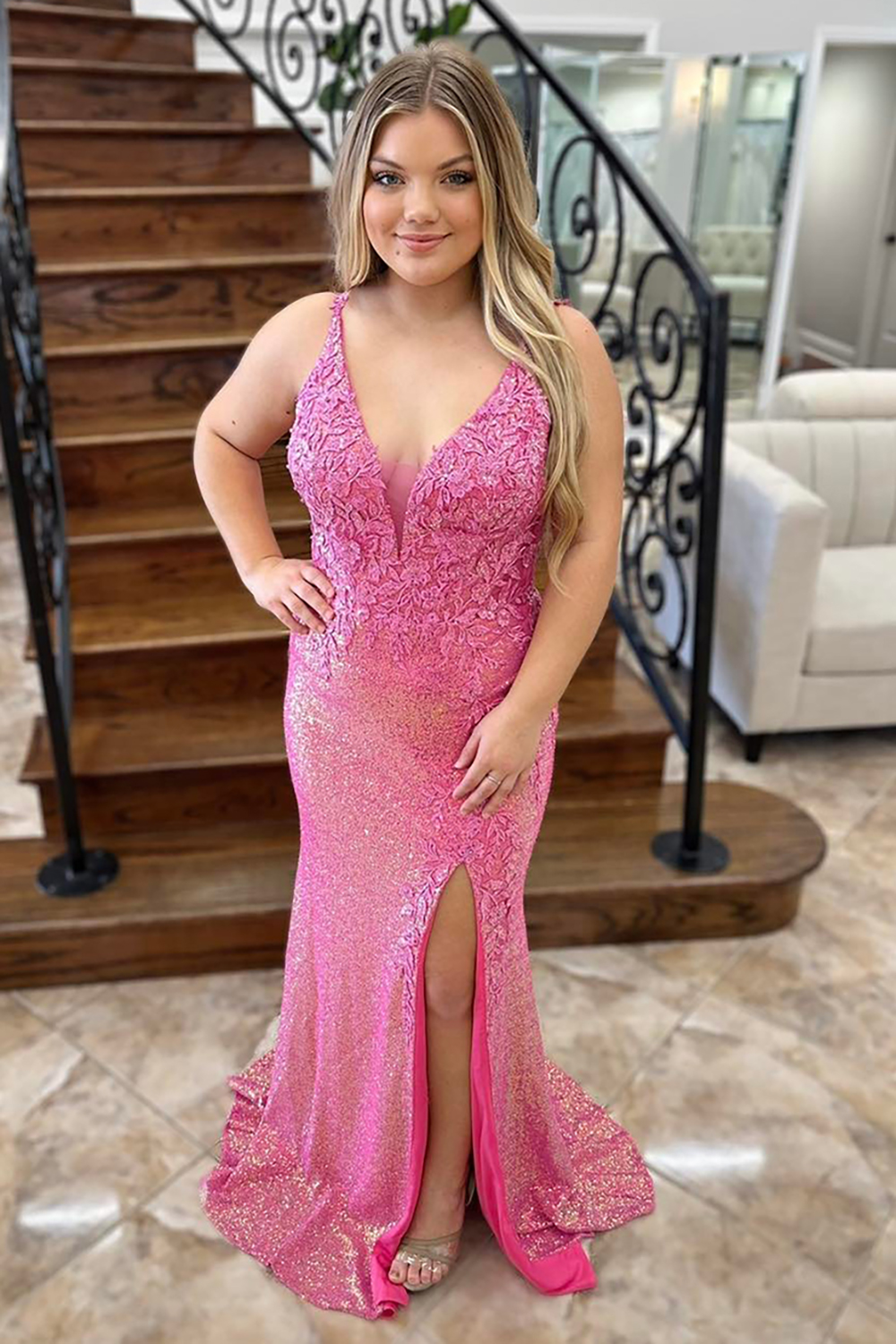 Sparkly Pink Long Lace Prom Dress with Slit