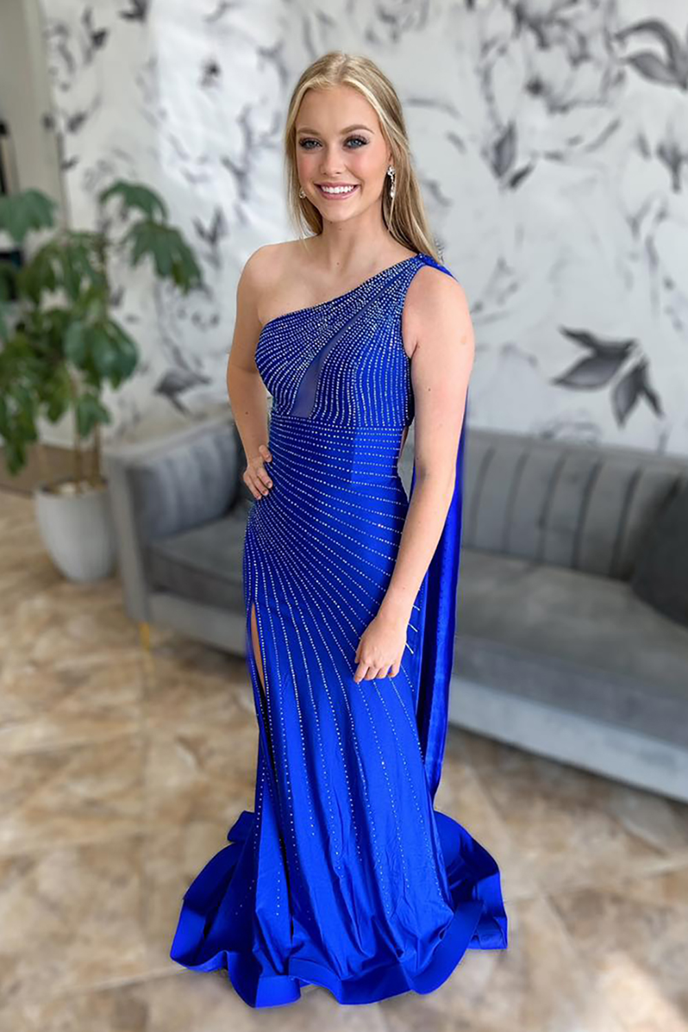 Sparkly Royal Blue One Shoulder Long Prom Dress with Slit