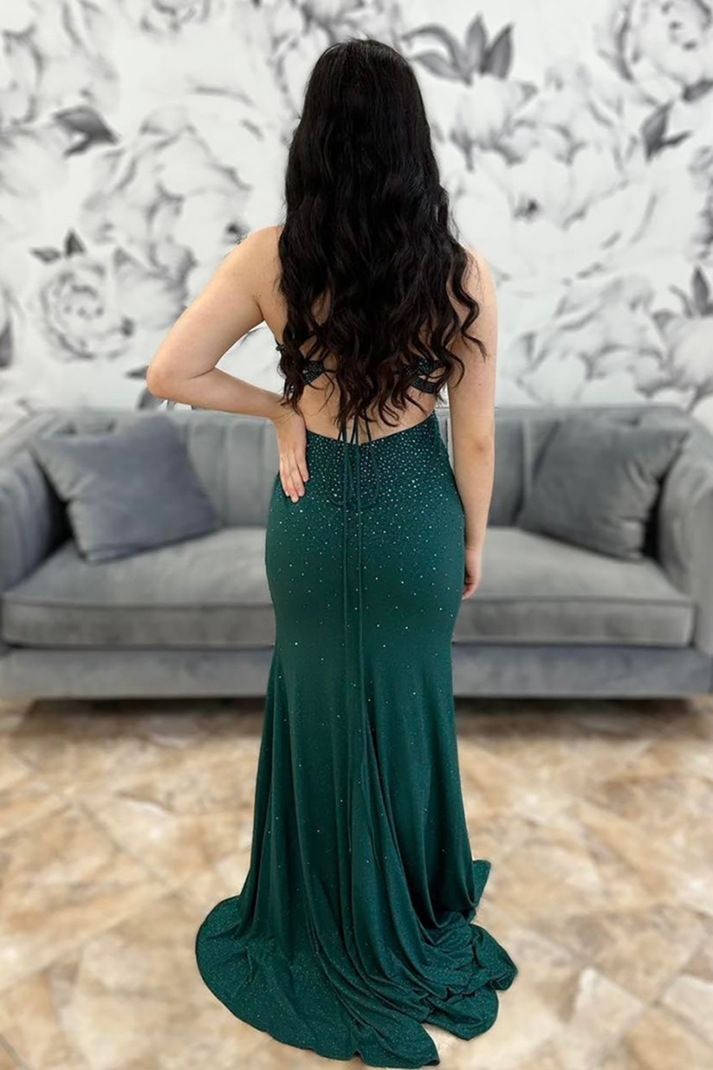 Sparkly Spaghetti Straps Dark Green Mermaid Prom Dress with Slit