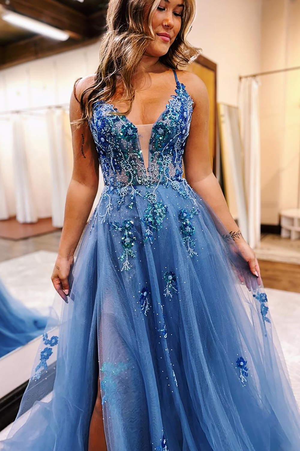 Sparkly Grey Blue Floral Spaghetti Straps Prom Dress with Slit