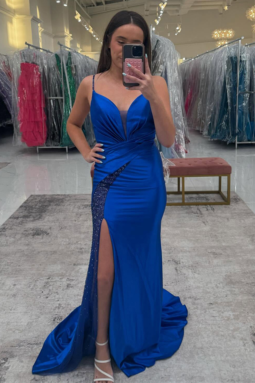 Mermaid Sparkly Royal Blue Satin Prom Dress with Slit