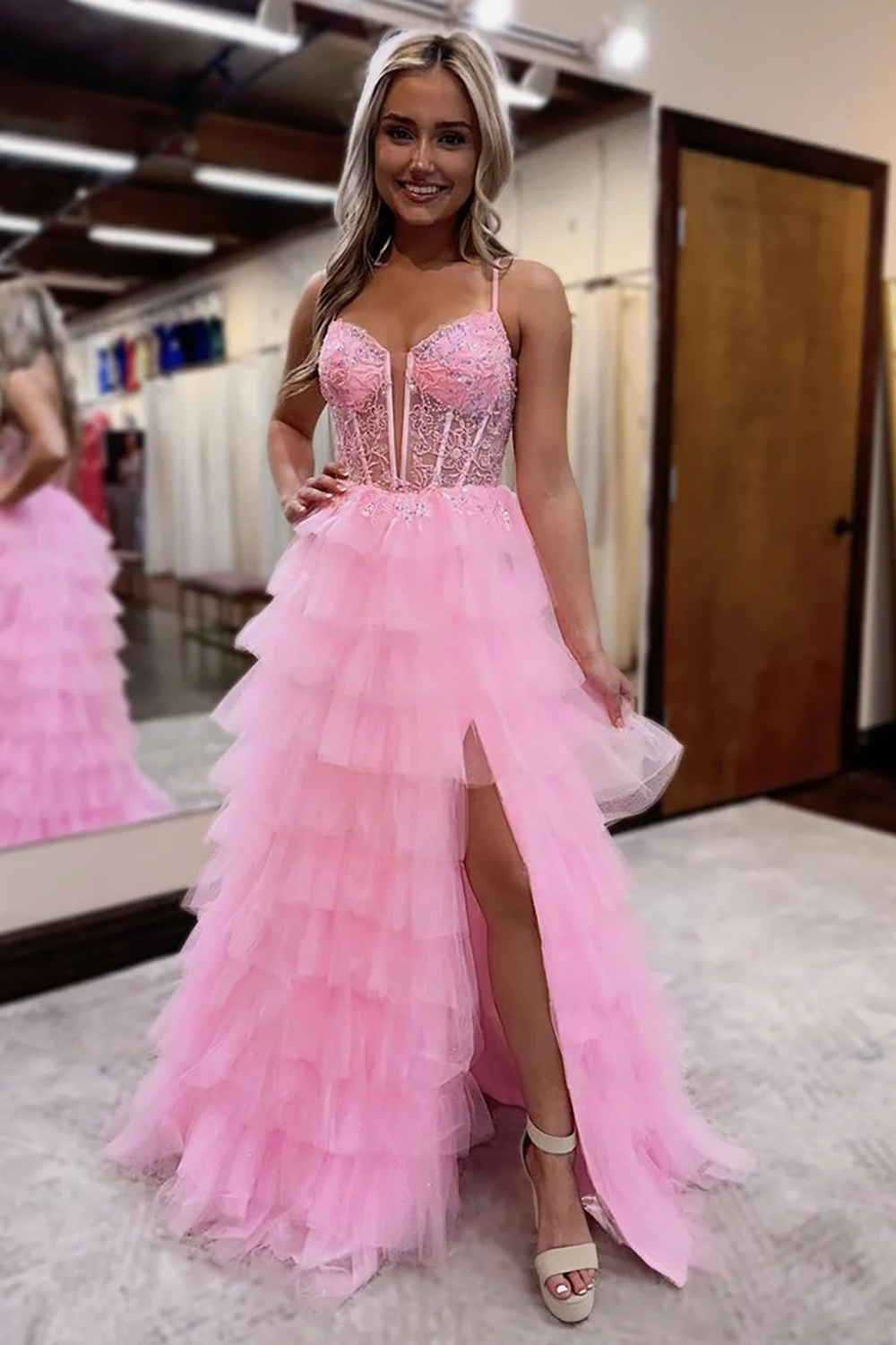 Sparkly Ruffled Pink Corset Prom Dress with Slit