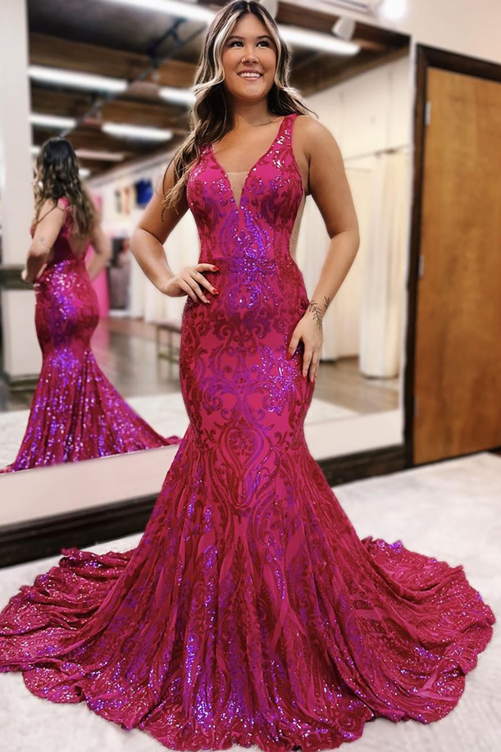 Sparkly Fuchsia Mermaid Long Prom Dress