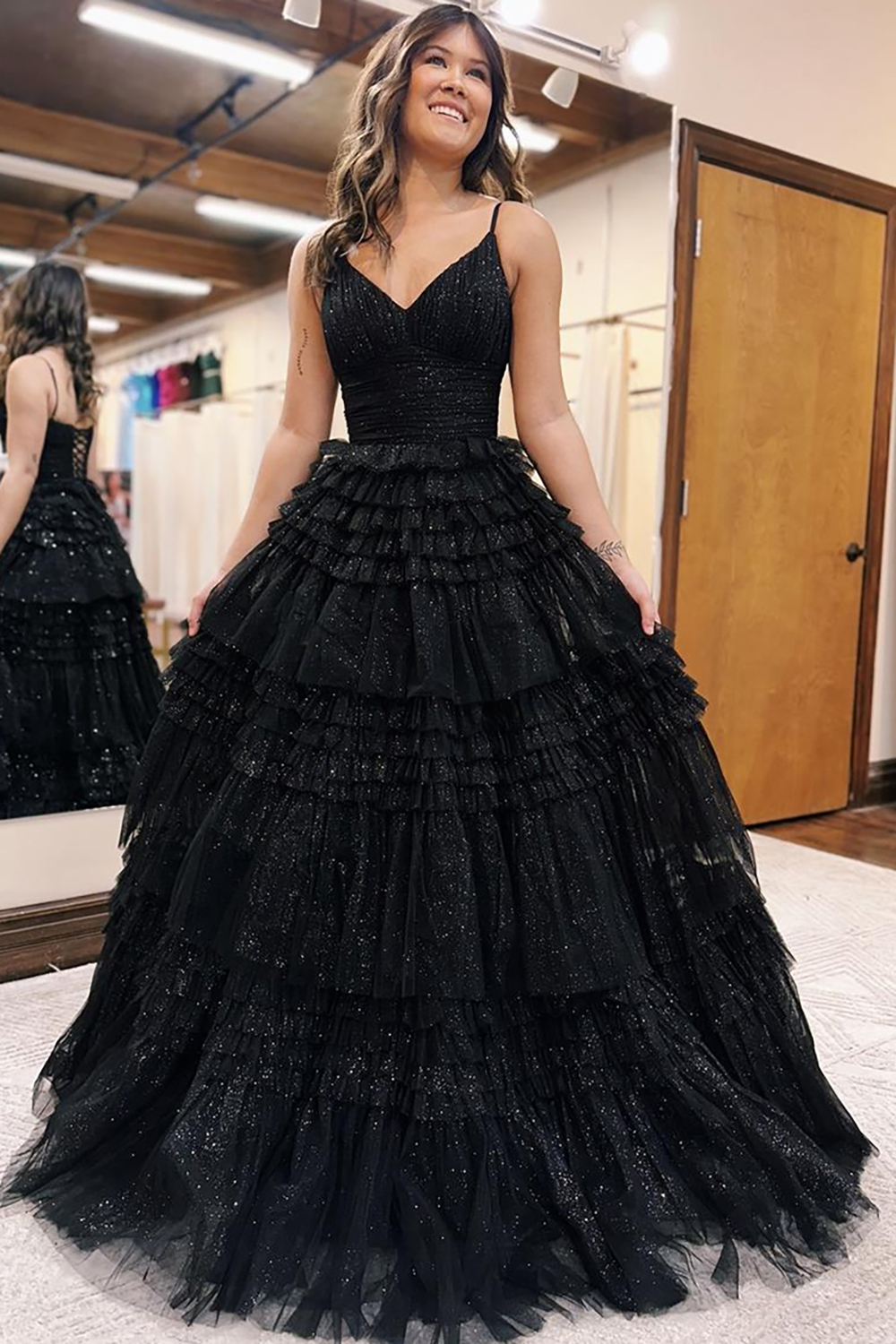 Sparkly Spaghetti Straps Black Ruffled Long Prom Dress