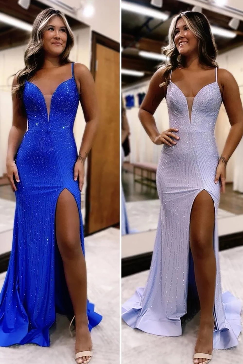 Sparkly Mermaid Blue Spaghetti Straps Long Prom Dress with Slit