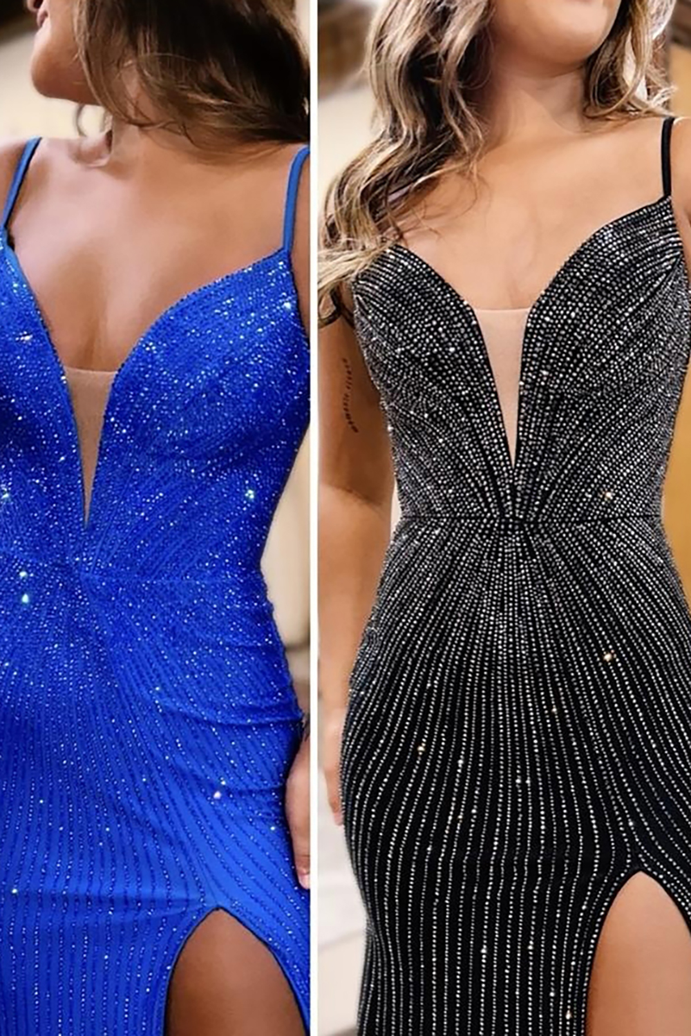 Sparkly Mermaid Blue Spaghetti Straps Long Prom Dress with Slit