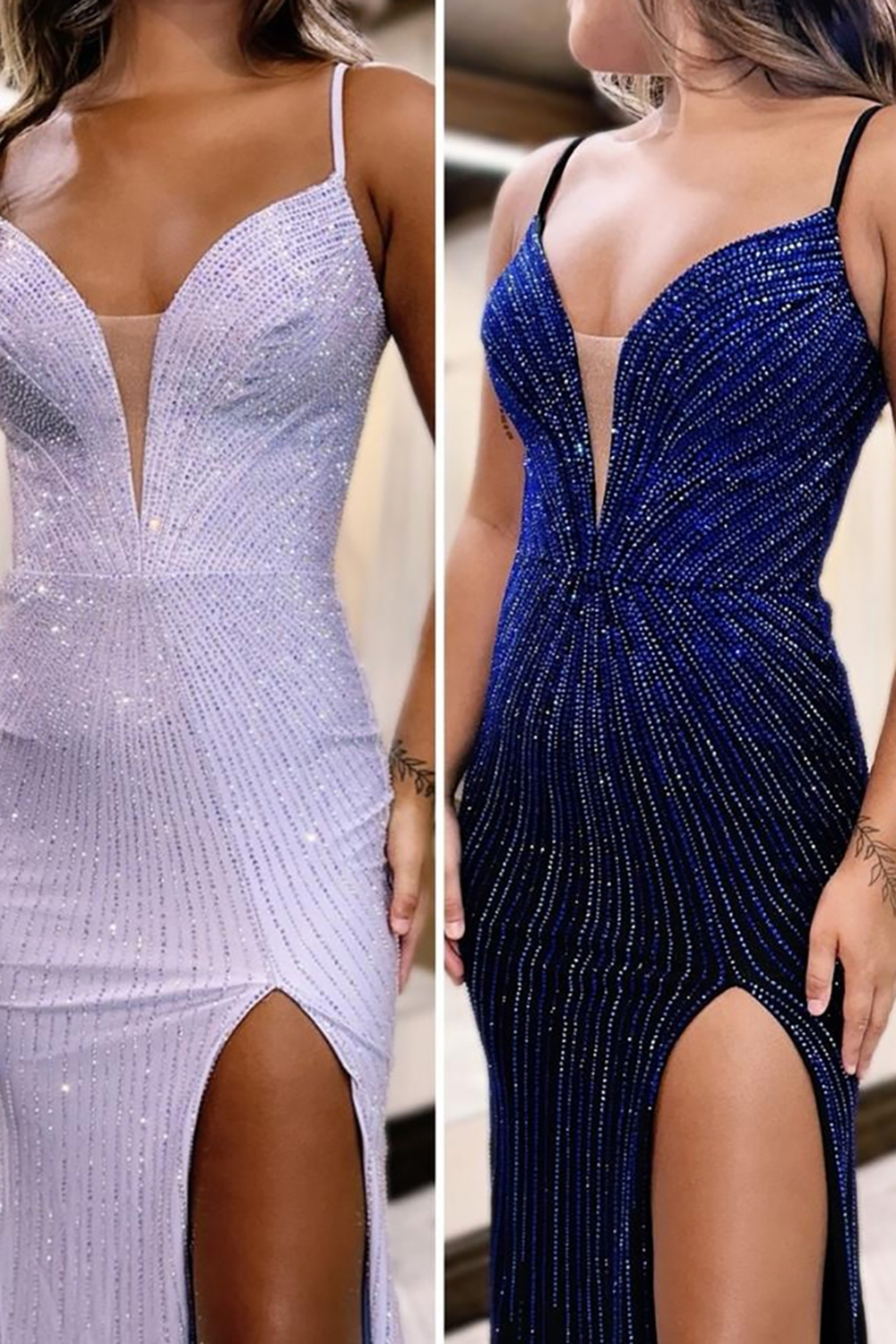 Sparkly Mermaid Blue Spaghetti Straps Long Prom Dress with Slit