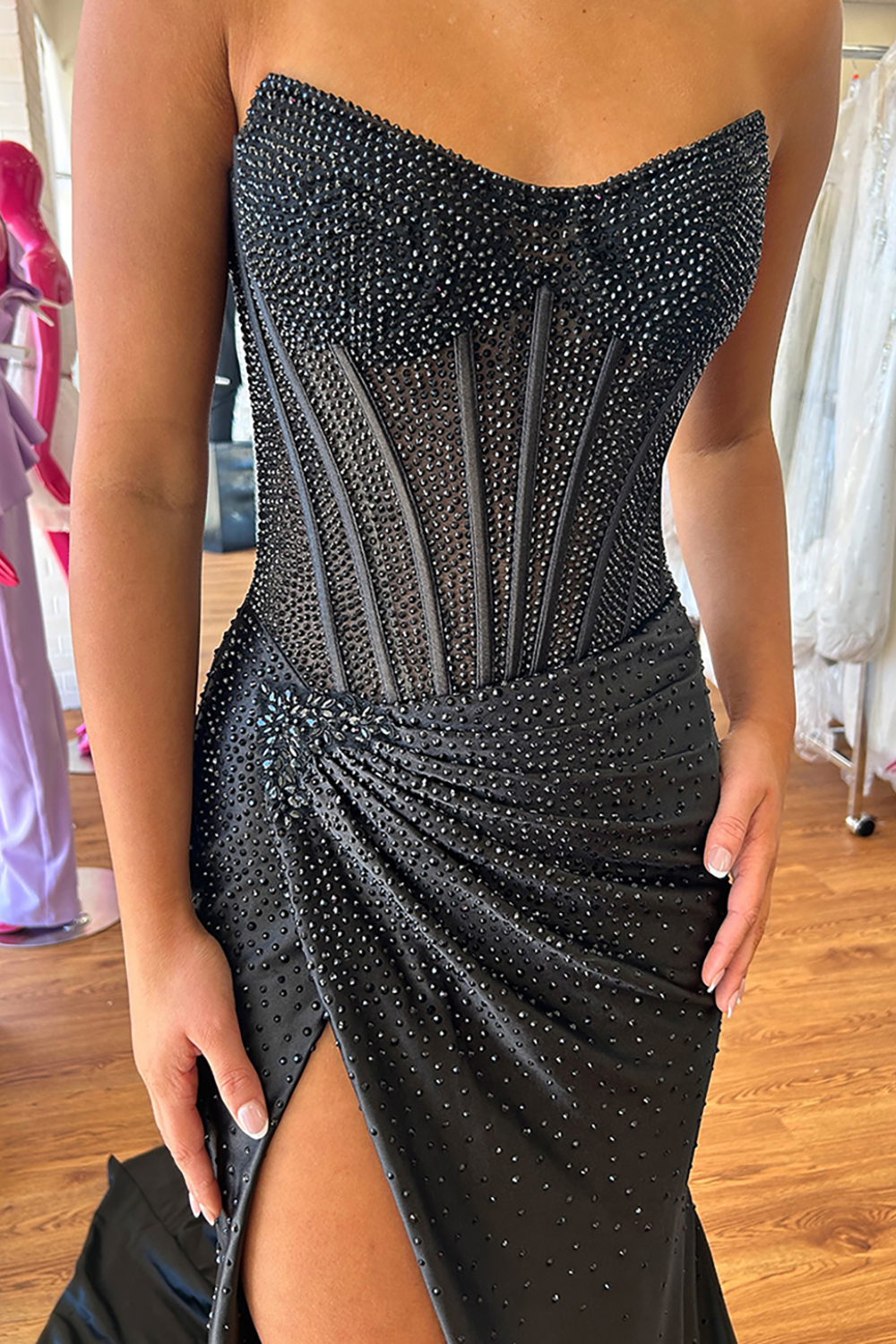 Sparkly Gold Sheath Corset Beaded Long Prom Dress with Slit