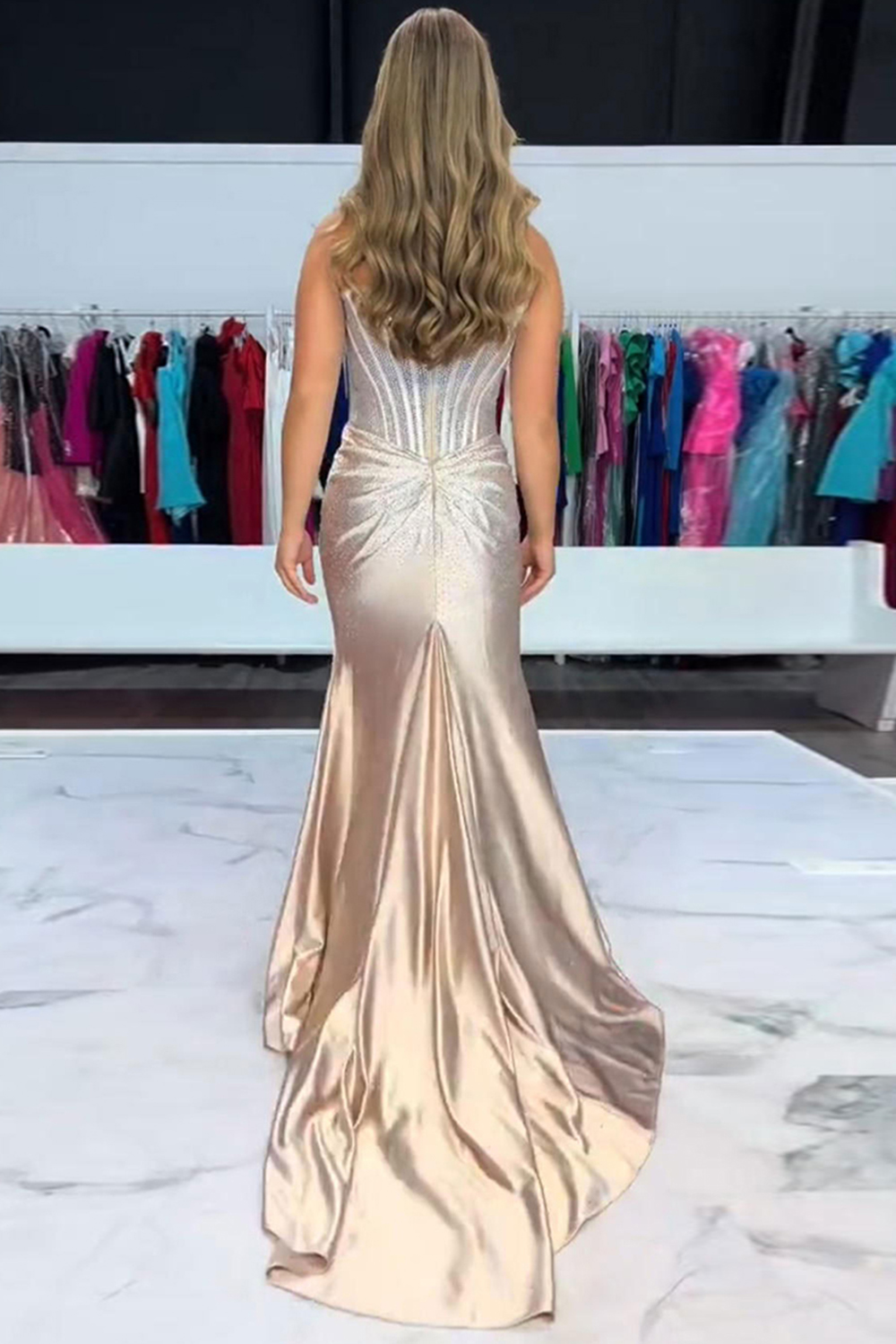 Sparkly Gold Mermaid Corset Beaded Long Prom Dress with Slit