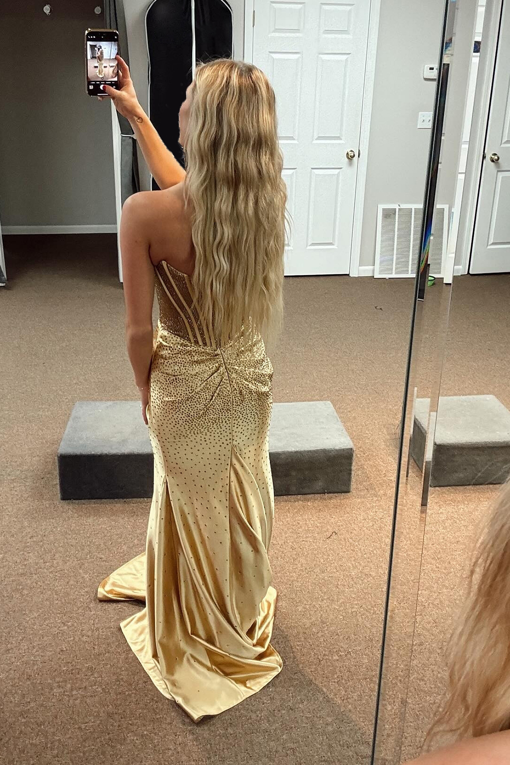 Sparkly Gold Mermaid Corset Beaded Long Prom Dress with Slit