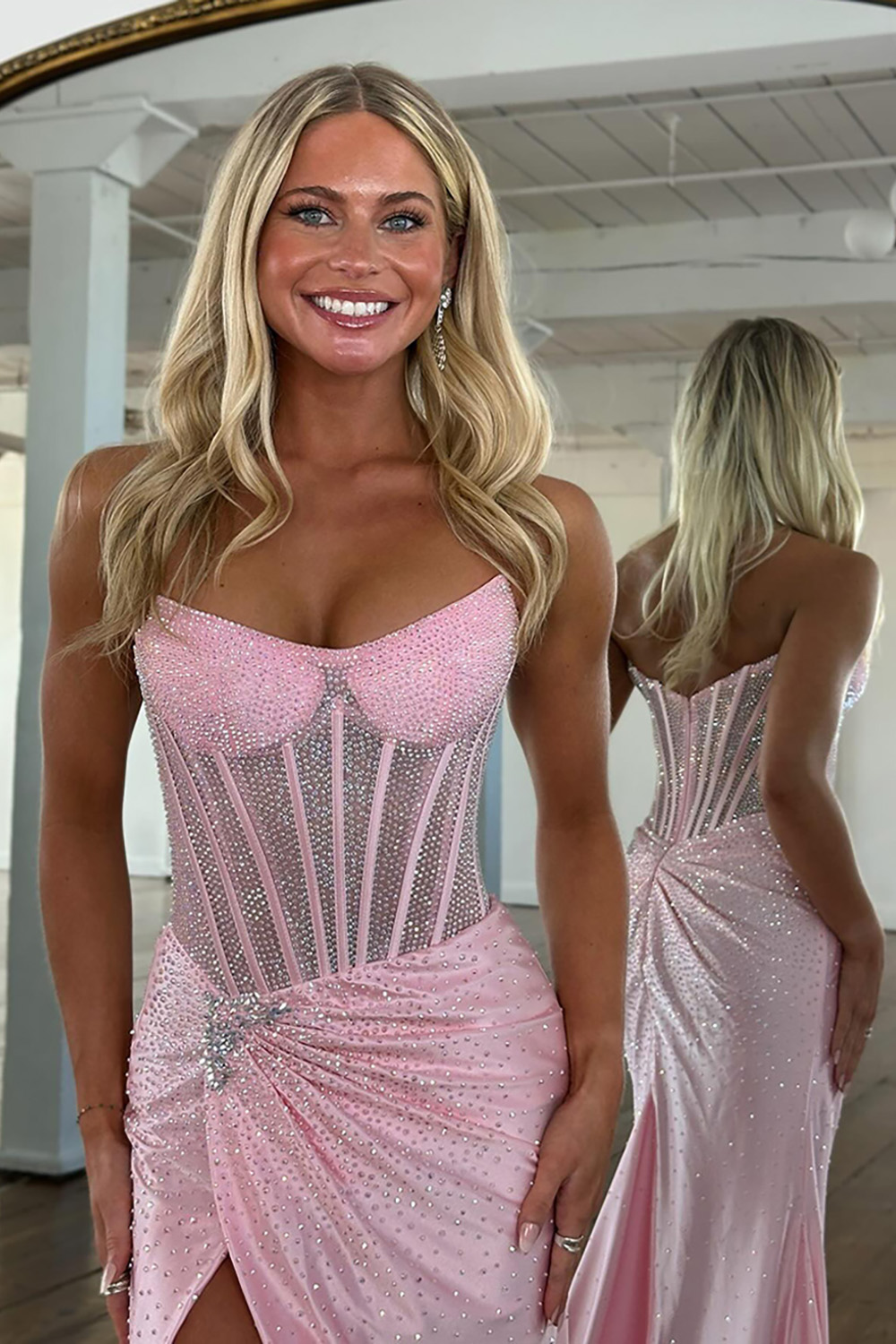 Sparkly Gold Mermaid Corset Beaded Long Prom Dress with Slit