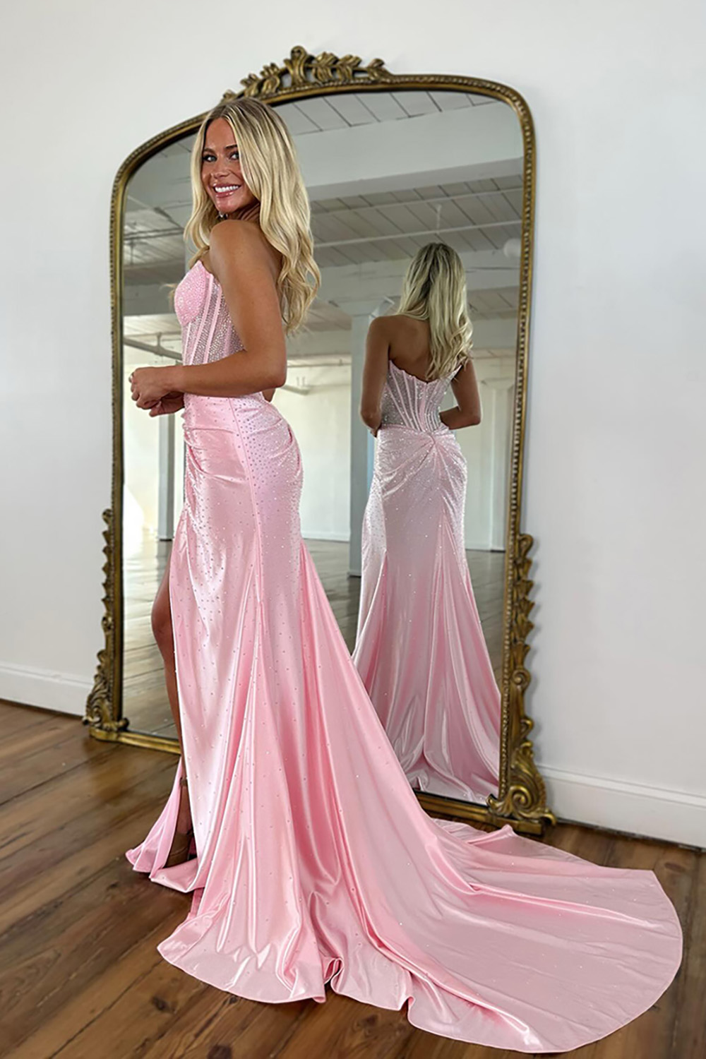 Sparkly Gold Mermaid Corset Beaded Long Prom Dress with Slit