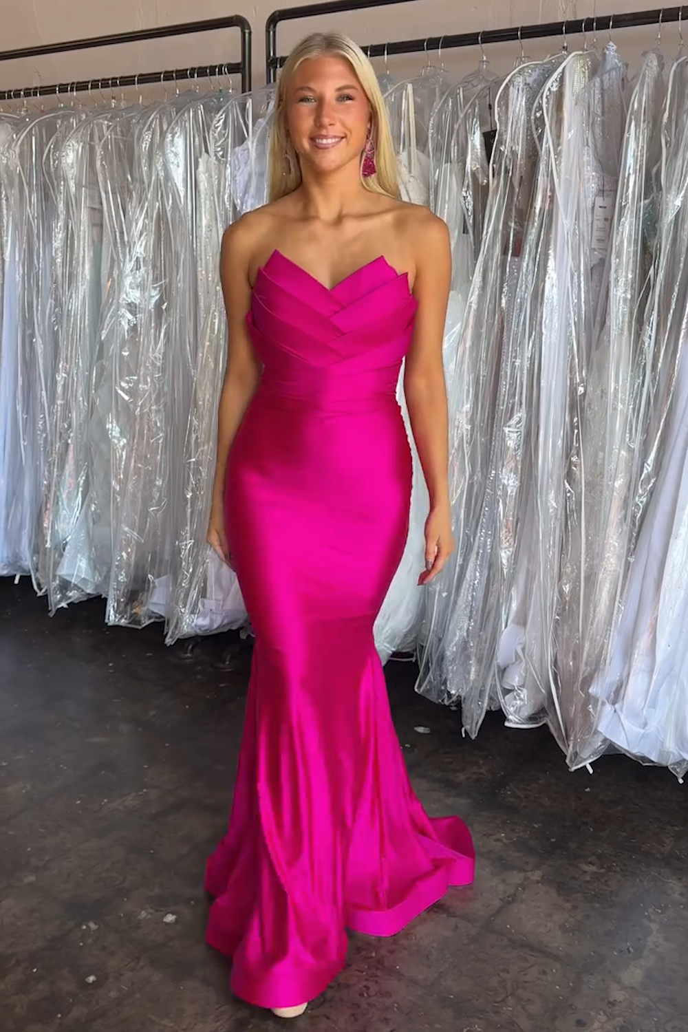 Fuchsia Mermaid Strapless Satin Long Prom Dress
