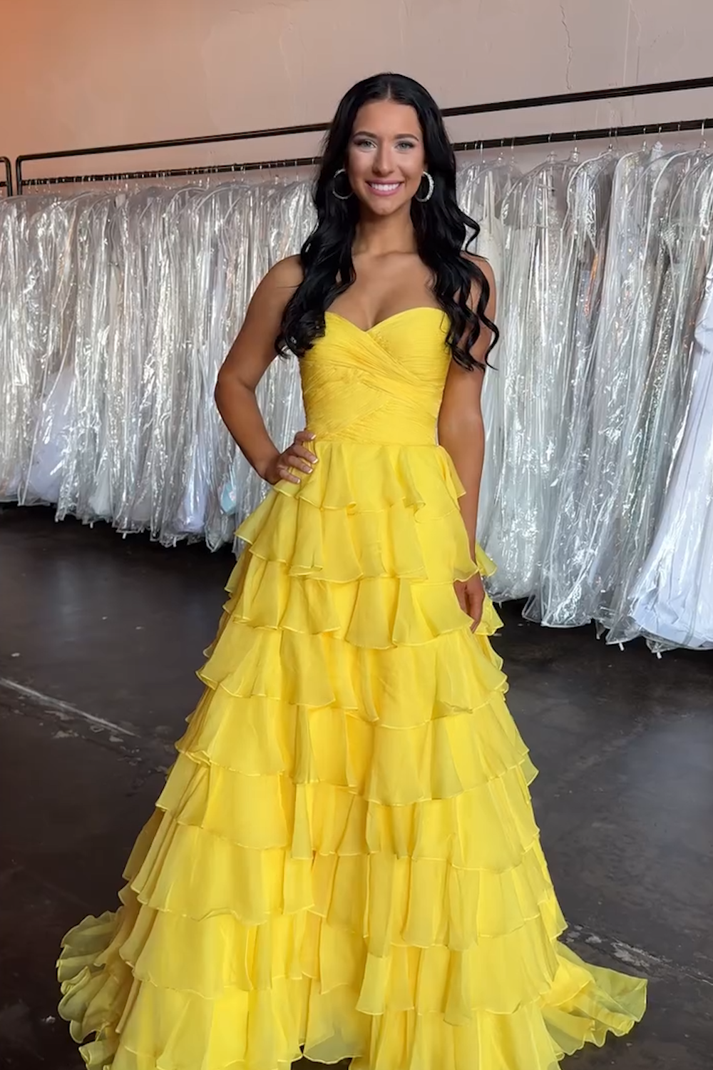 Yellow A-Line Sweetheart Tiered Long Prom Dress