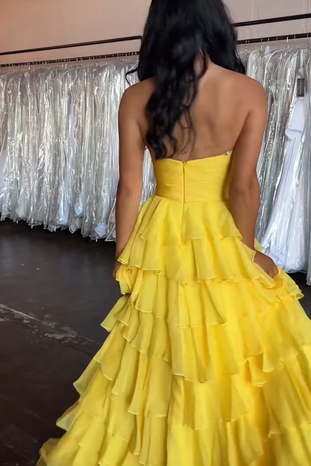 Yellow A-Line Sweetheart Tiered Long Prom Dress