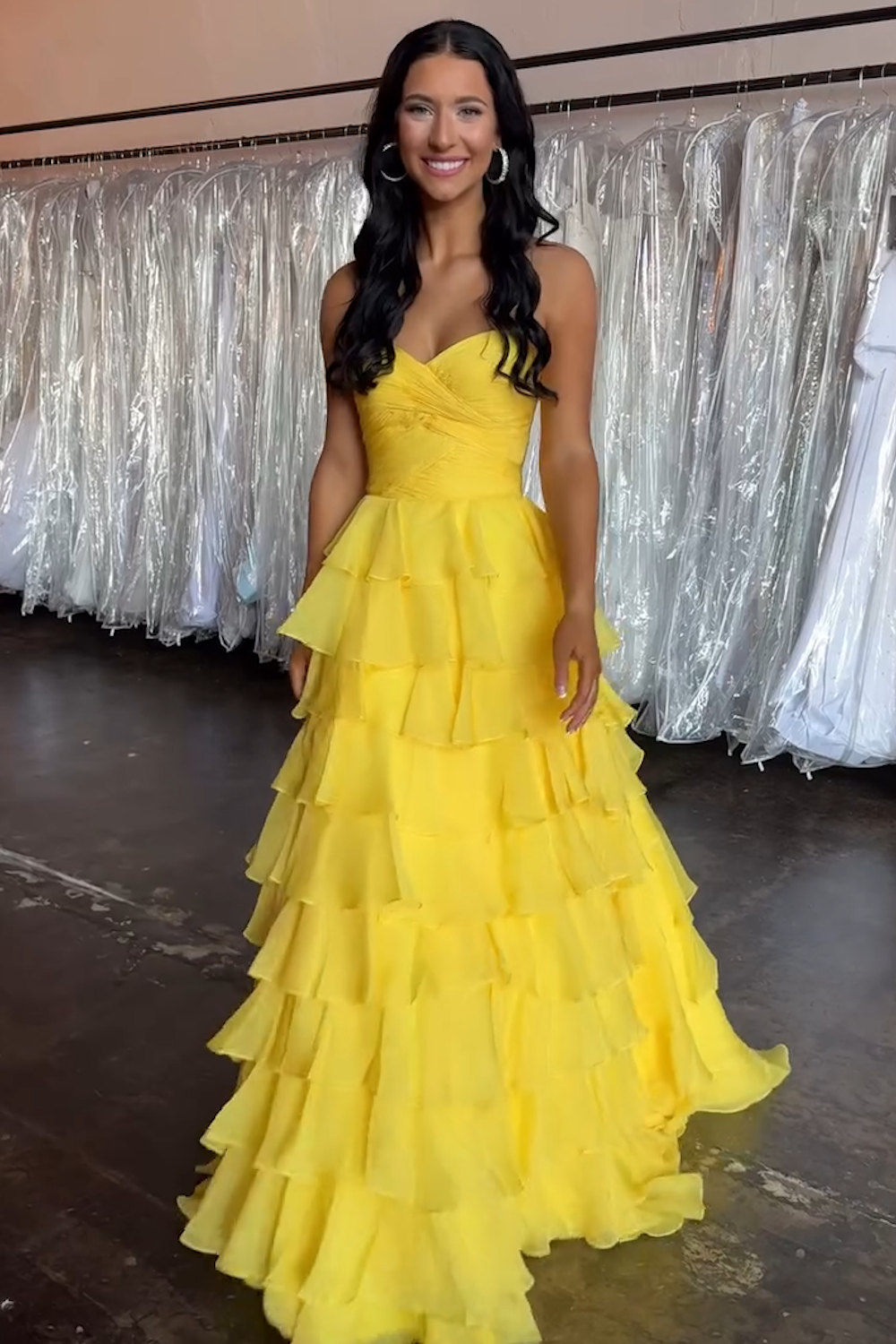 Yellow A-Line Sweetheart Tiered Long Prom Dress