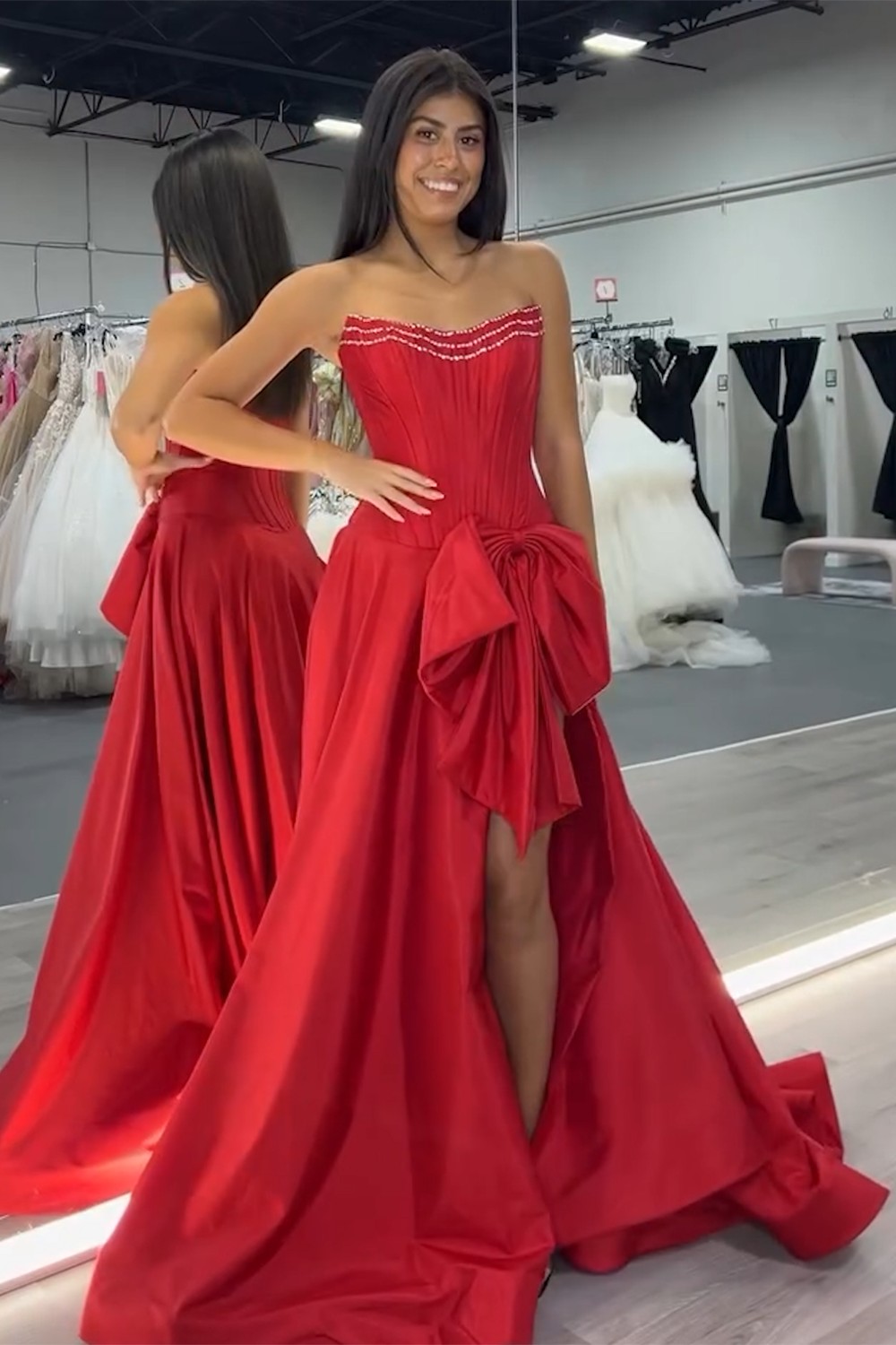 Red A-Line Strapless Beaded Long Prom Dress with Slit