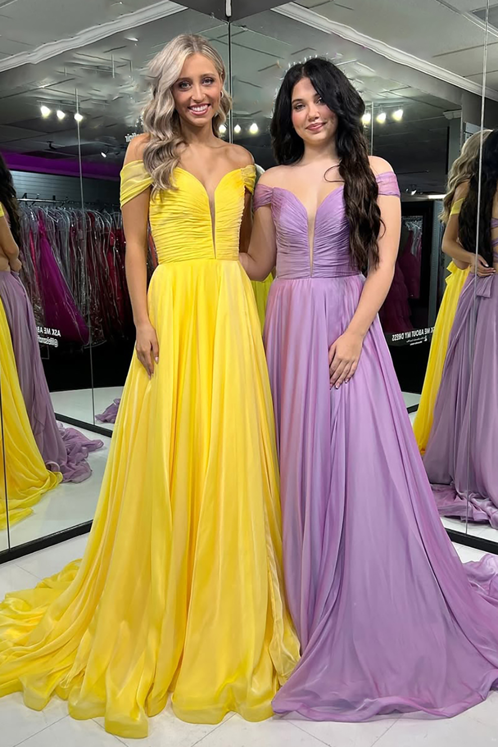 Yellow Off The Shoulder A-Line Chiffon Long Prom Dress