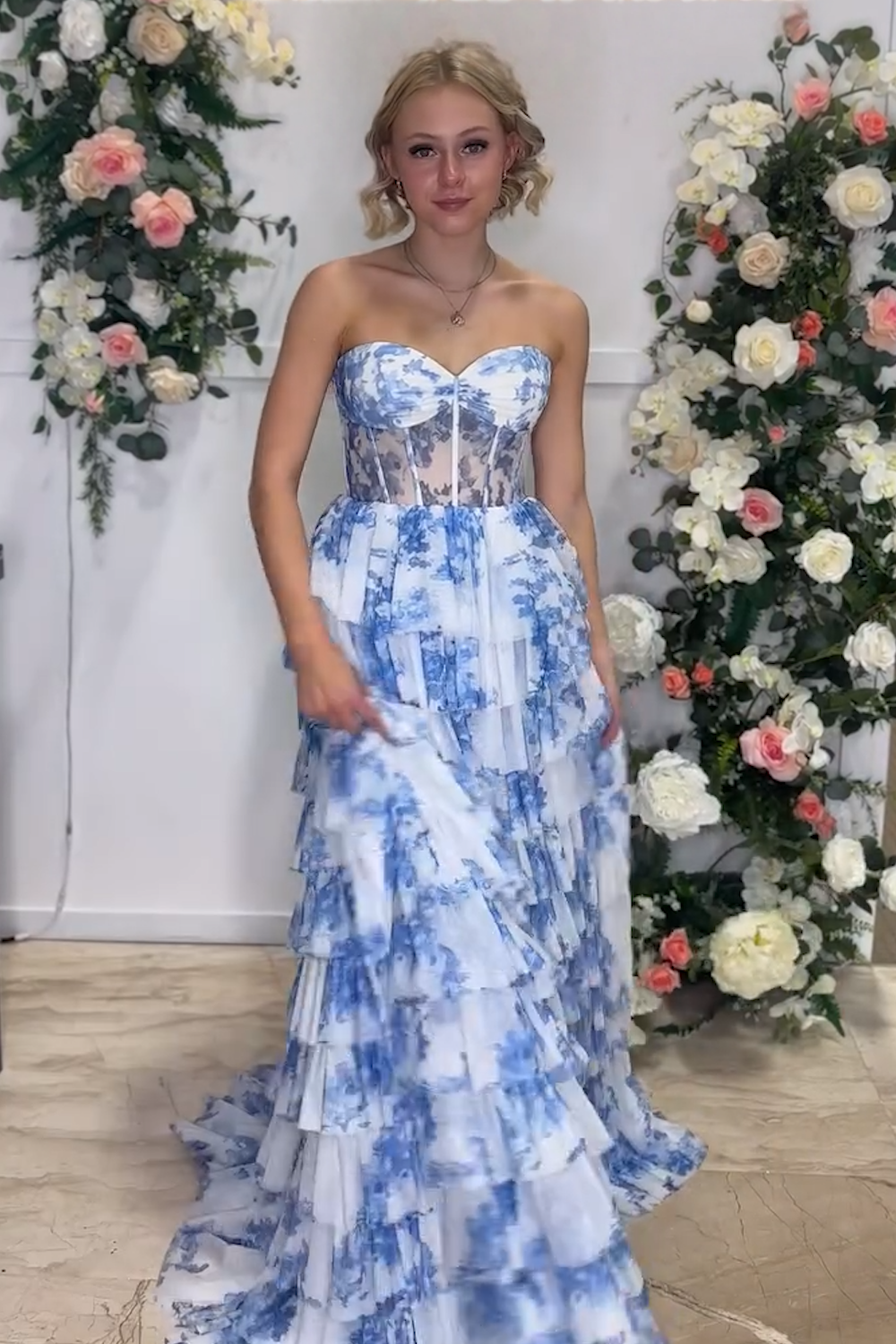 White Blue Flower Sweetheart Tiered A-Line Long Prom Dress