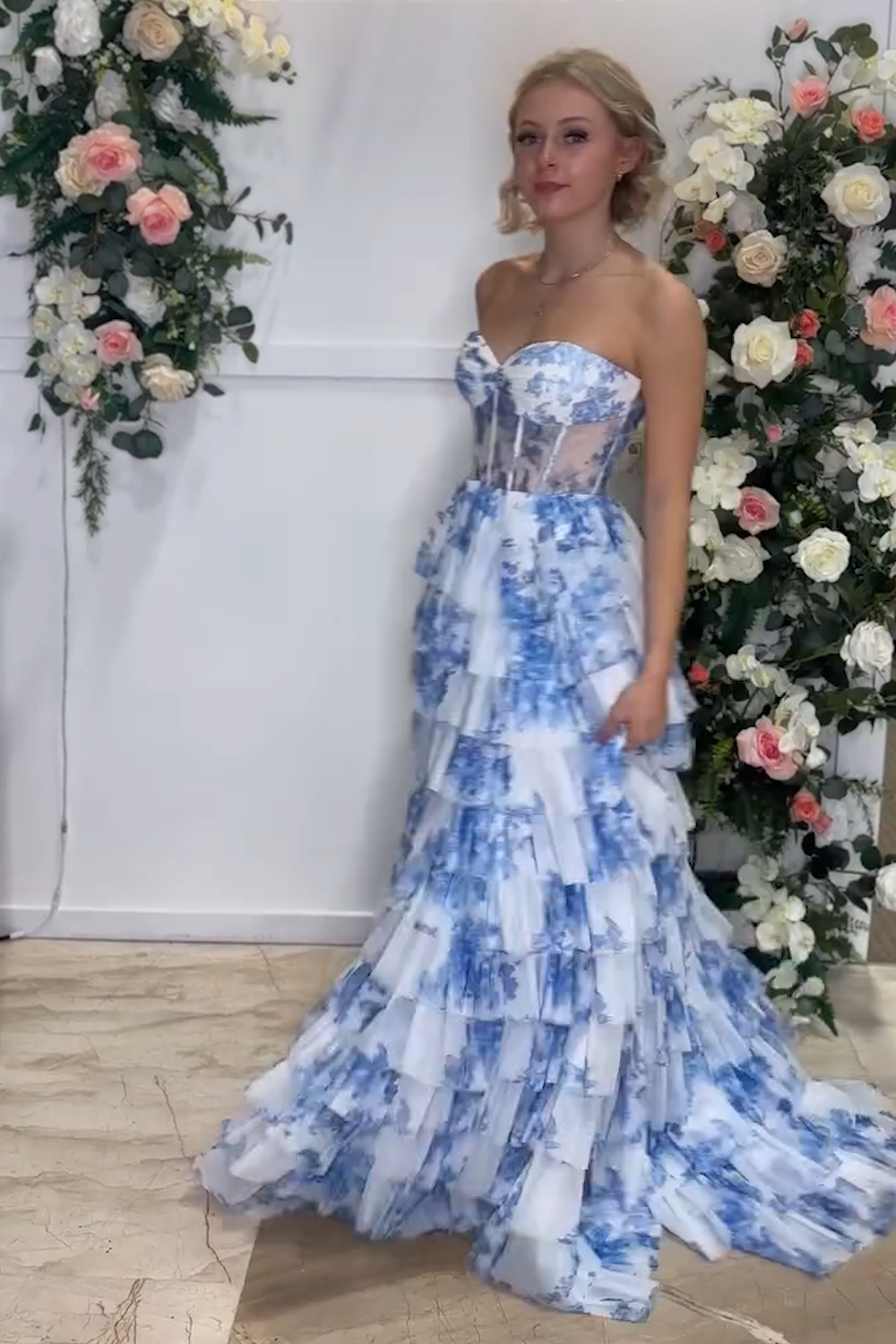 White Blue Flower Sweetheart Tiered A-Line Long Prom Dress