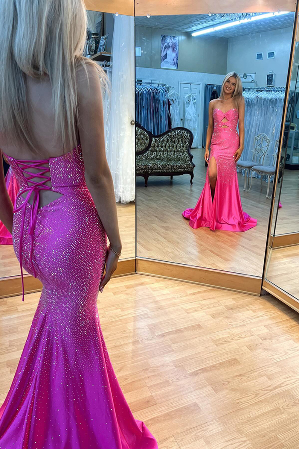 Sparkly Yellow Hollow Out Sweetheart Prom Dress with Slit