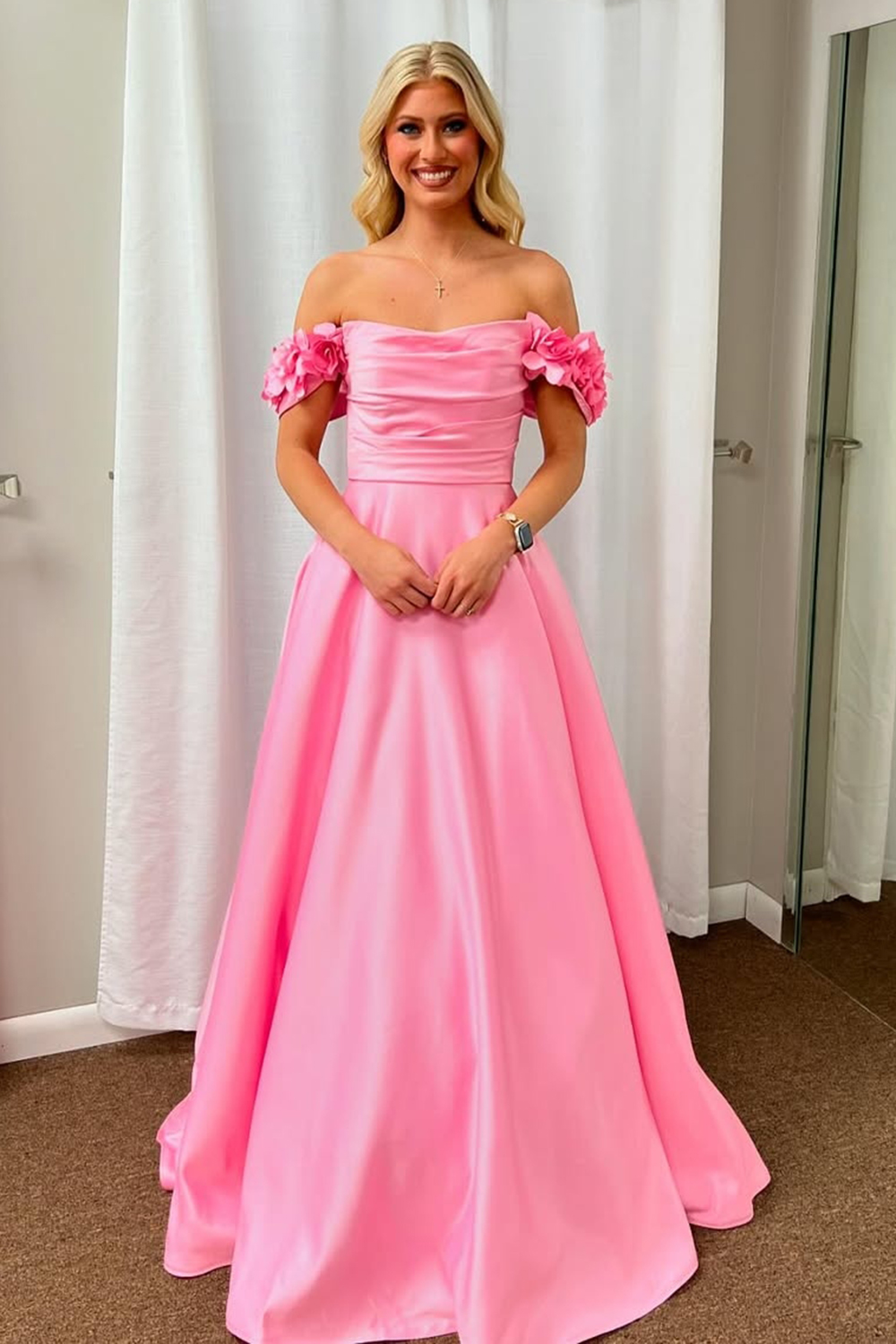 Blush Off the Shoulder A Line Satin Prom Dress