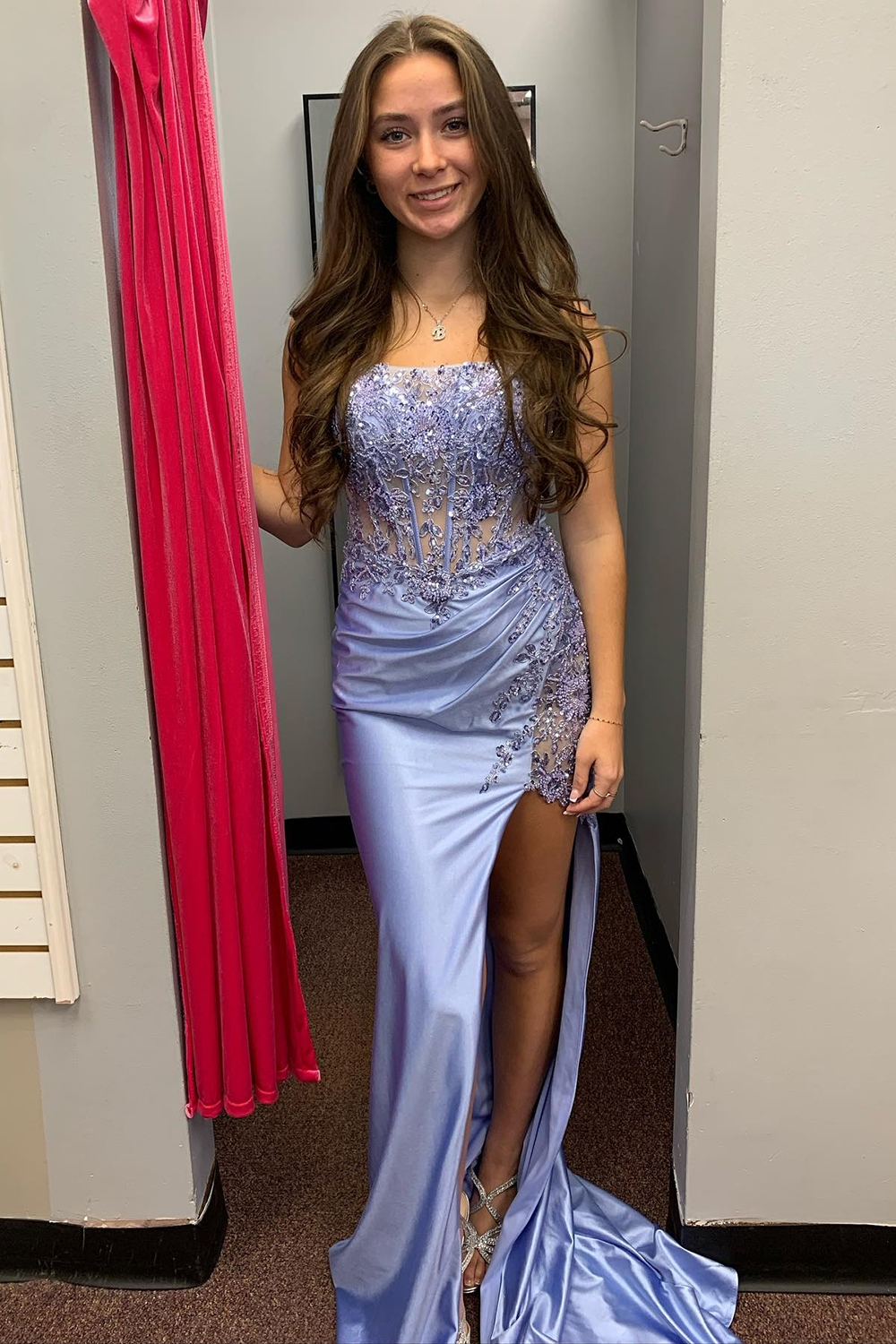 Grey Blue Corset Sweetheart Long Prom Dress with Lace