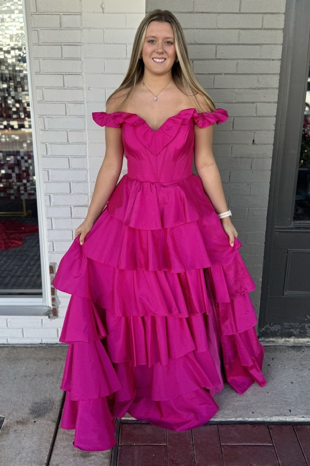 Fuchsia Off The Shoulder Ruffled Long Prom Dress