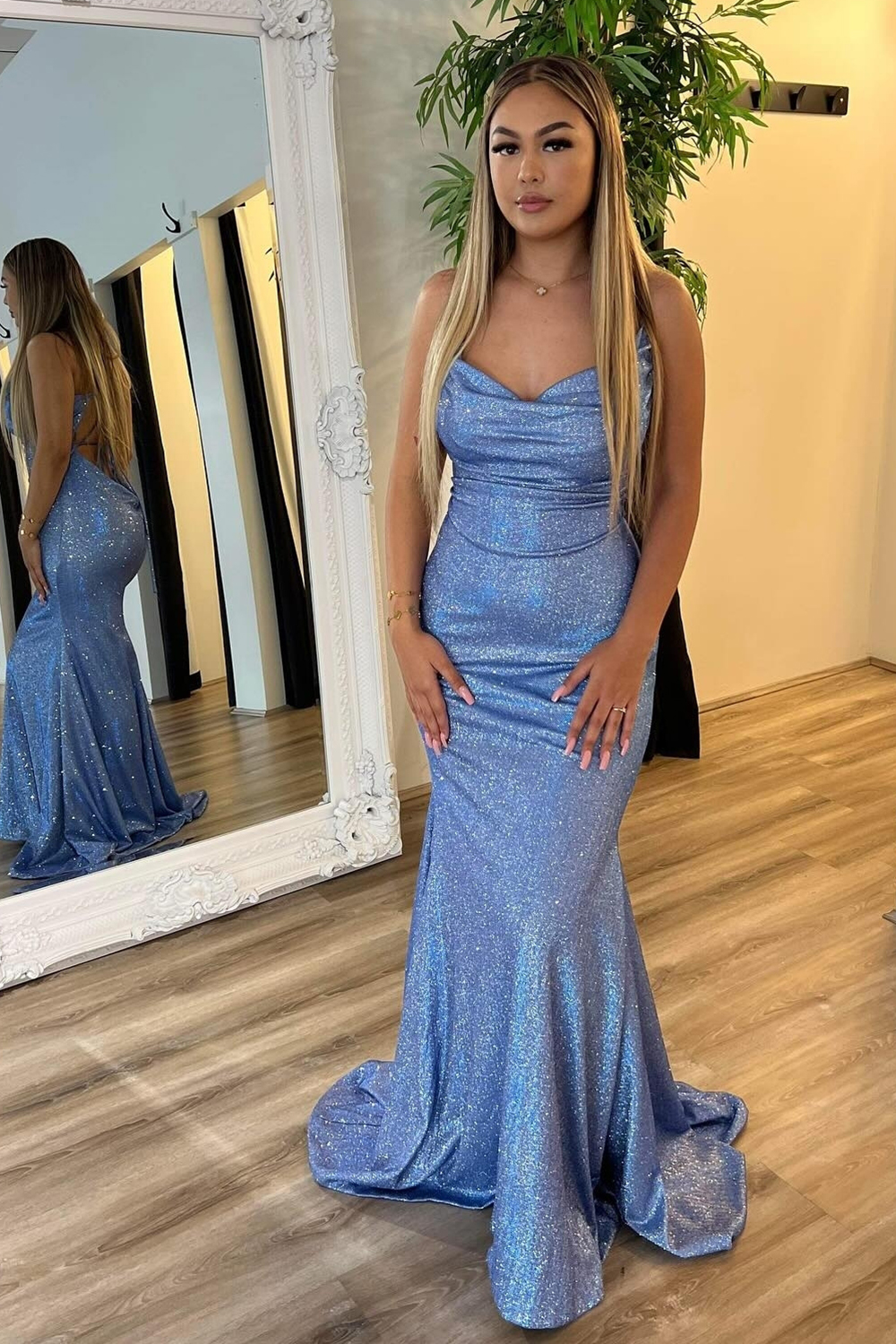 Sparkly Grey Blue Mermaid Long Prom Dress