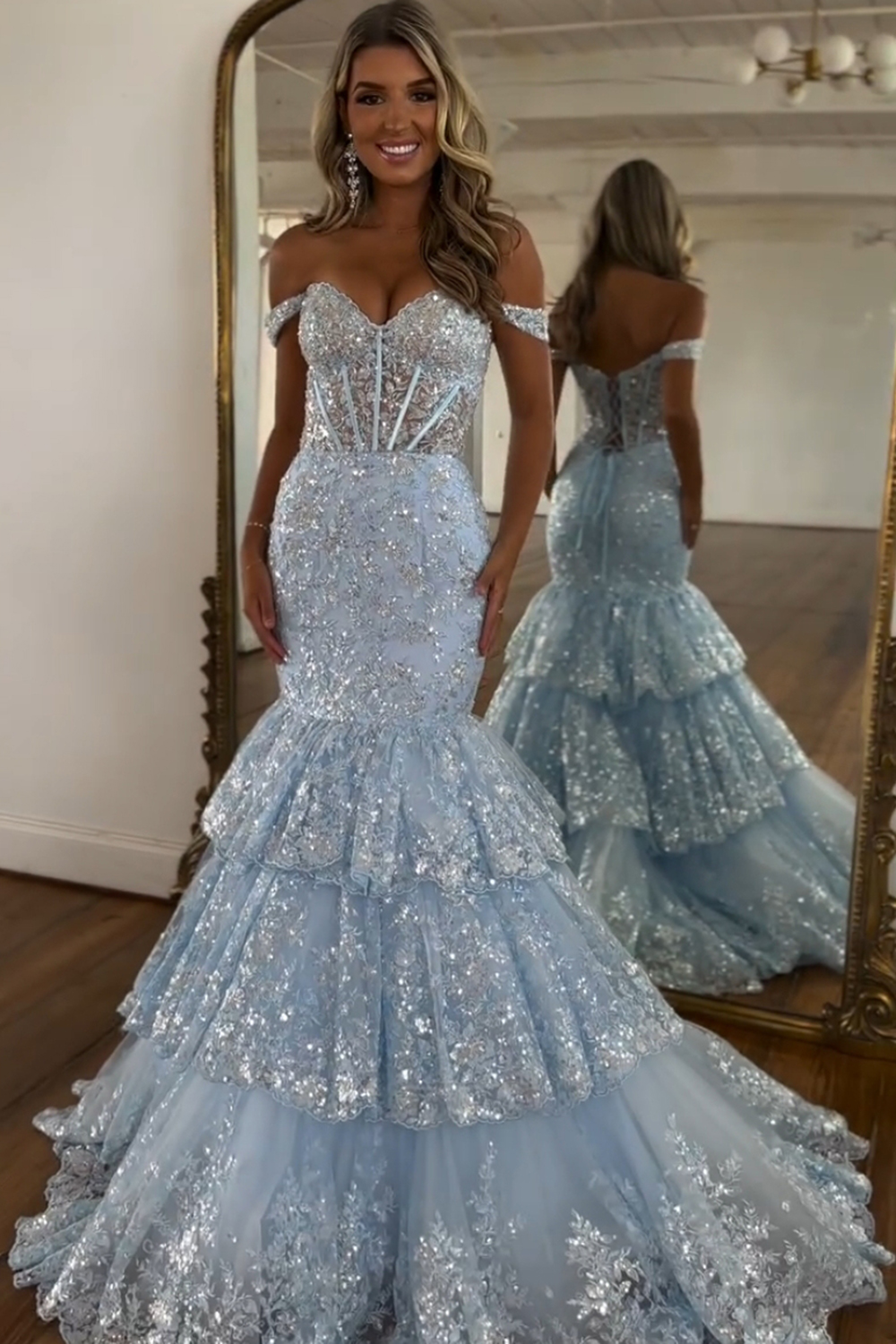 Sparkly Light Blue Mermaid Off The Shoulder Long Prom Dress with Lace