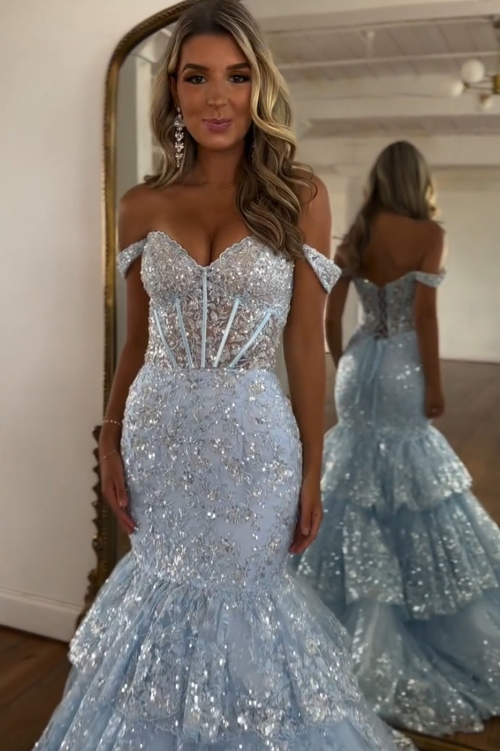 Sparkly Light Blue Mermaid Off The Shoulder Long Prom Dress with Lace