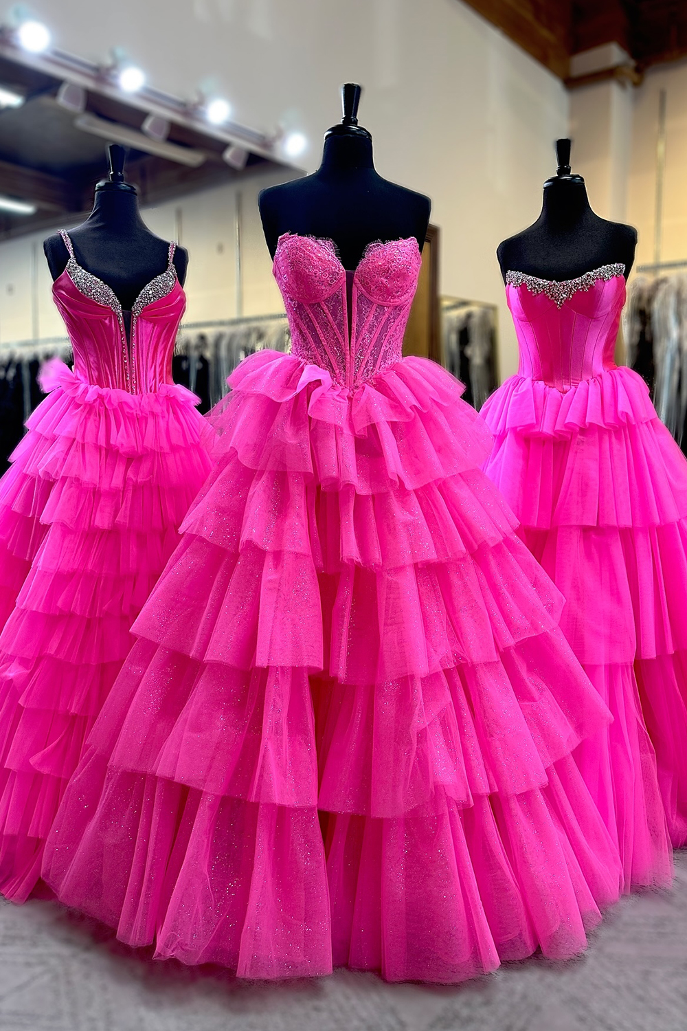 Fuchsia Corset Ruffled A-Line Long Prom Dress with Lace